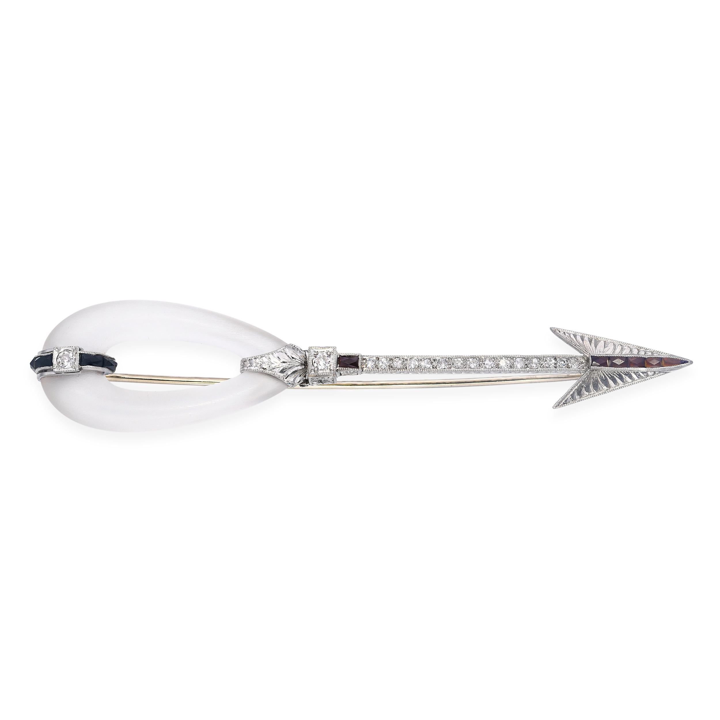 Art Deco Platinum and White Gold Rock Crystal and Diamond Arrow Brooch