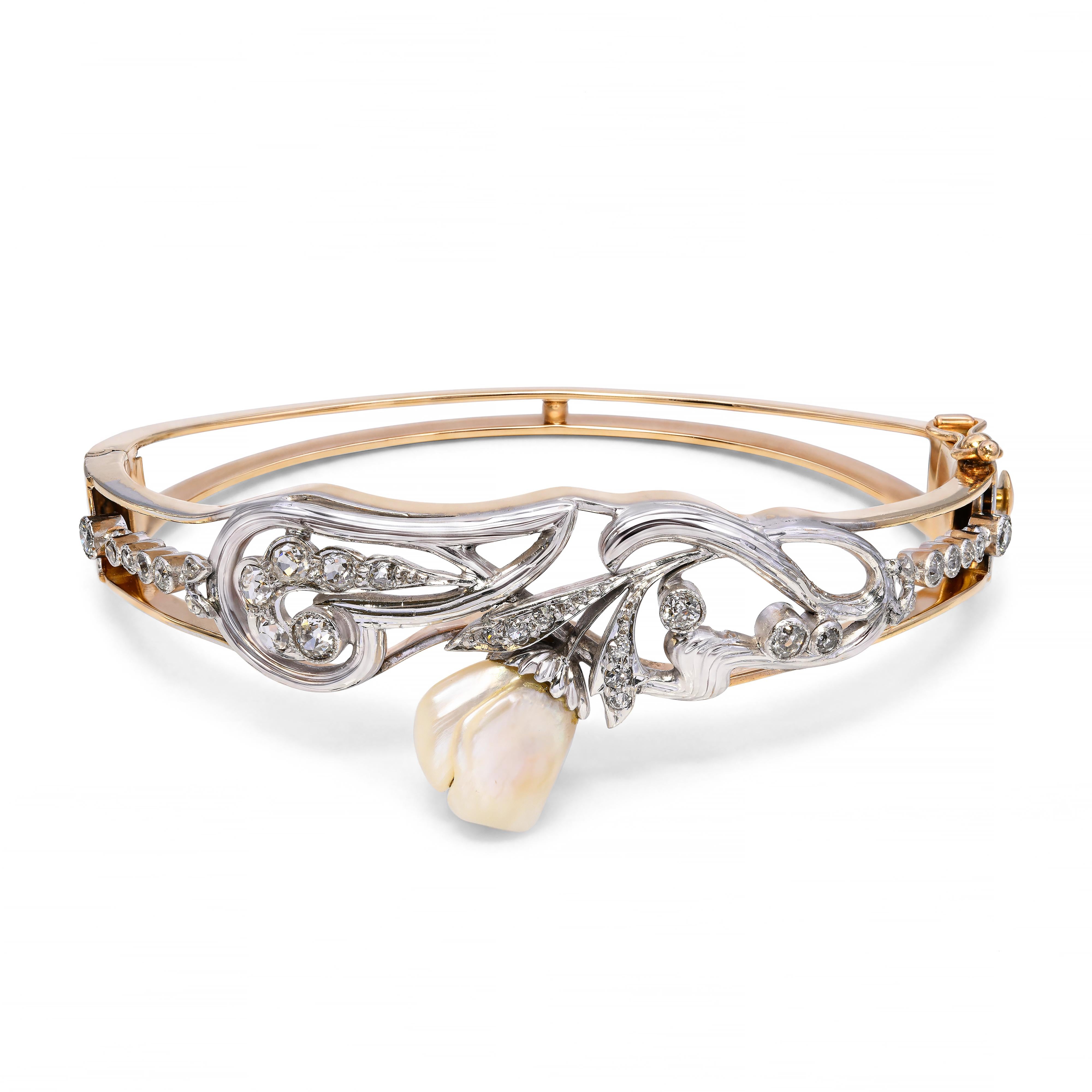 Art Nouveau Platinum-Topped 13k Gold Pearl and Diamond Floral Bangle Bracelet