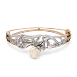 Art Nouveau Platinum-Topped 13k Gold Pearl and Diamond Floral Bangle Bracelet