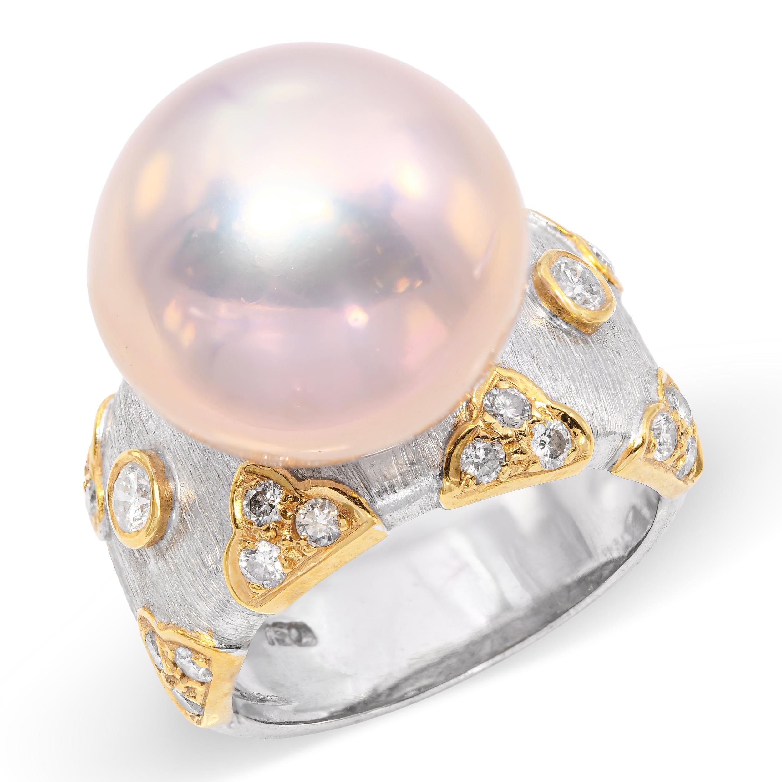 Vintage 18k White Gold Pink South Sea Pearl & Diamond Ring