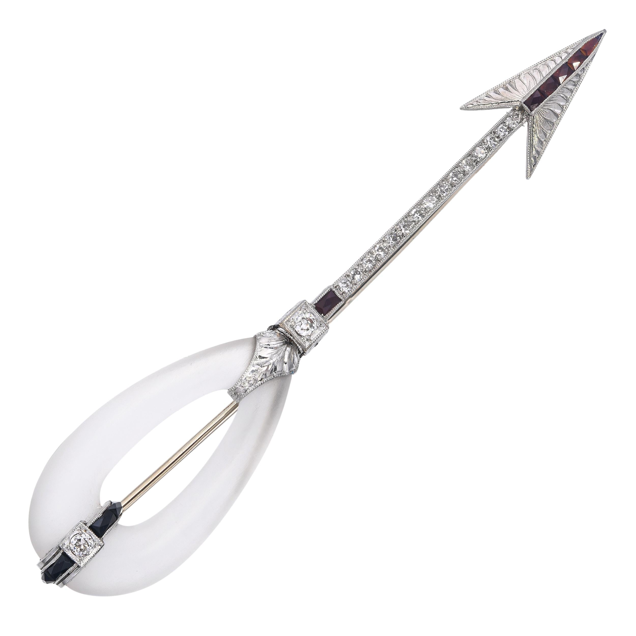 Art Deco Platinum and White Gold Rock Crystal and Diamond Arrow Brooch