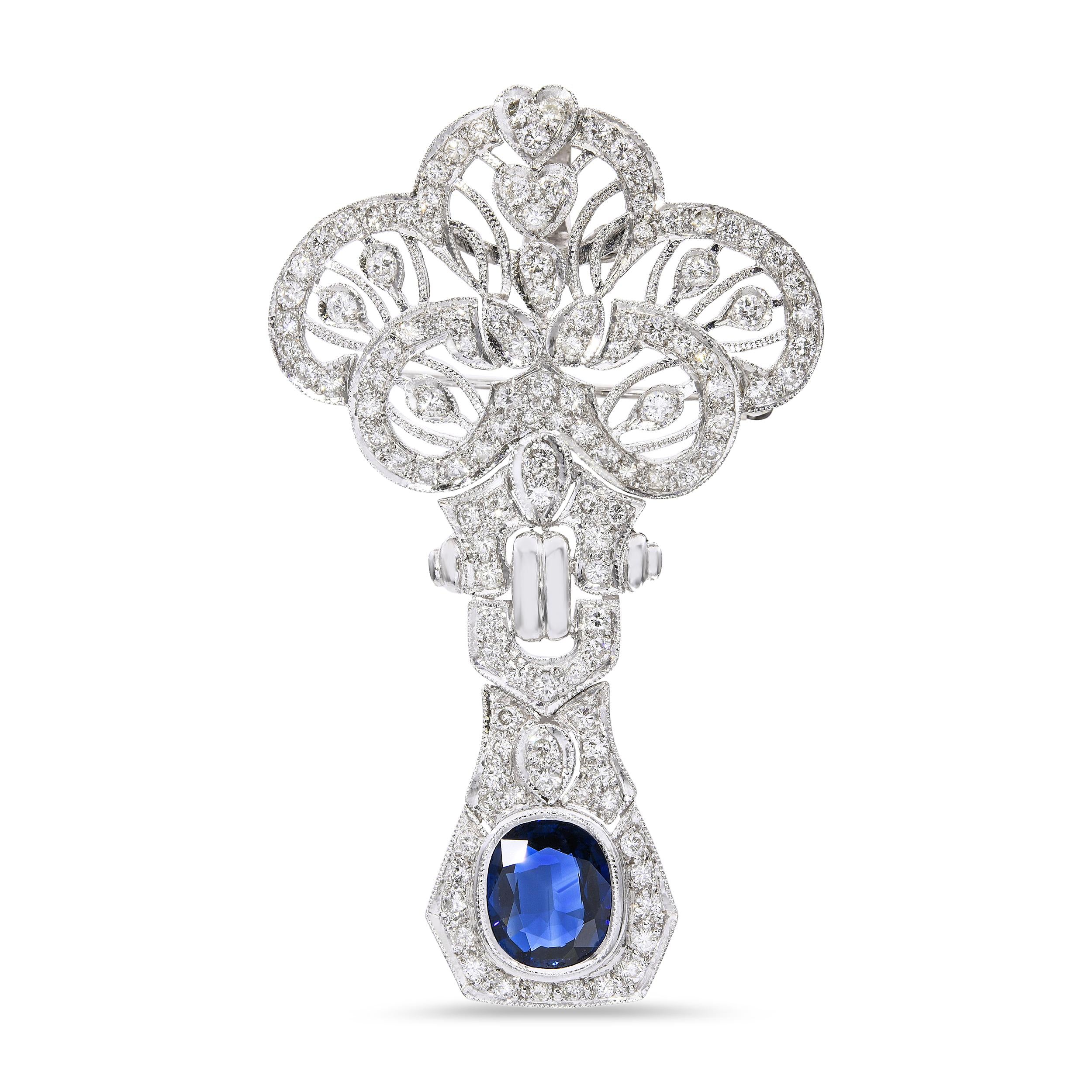 GIA Vintage White Gold 2.48ct Unheated Sapphire 2.01tcw Diamond Pendant Brooch