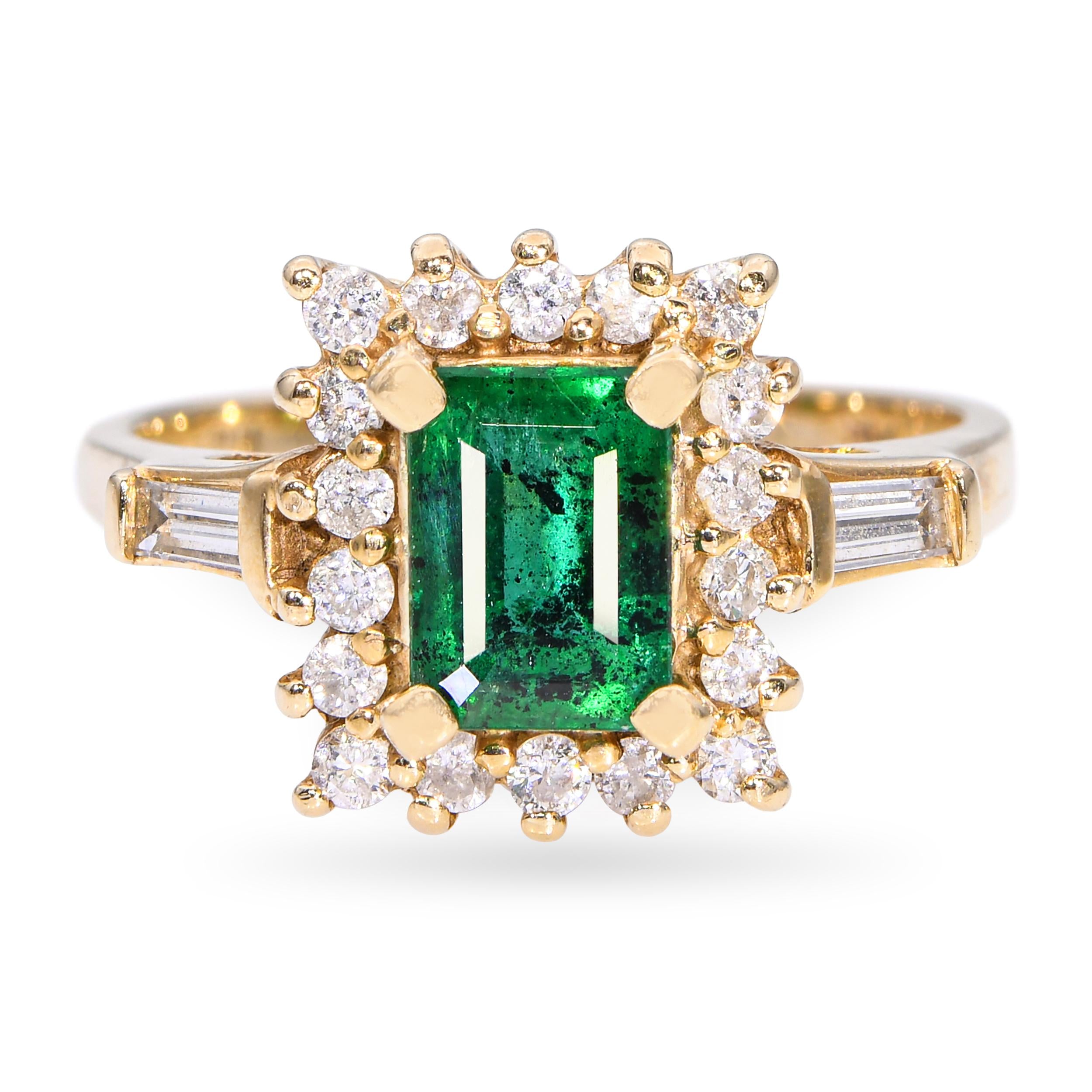Vintage 14k Yellow Gold 1.12ct Emerald and Diamond Halo Ring