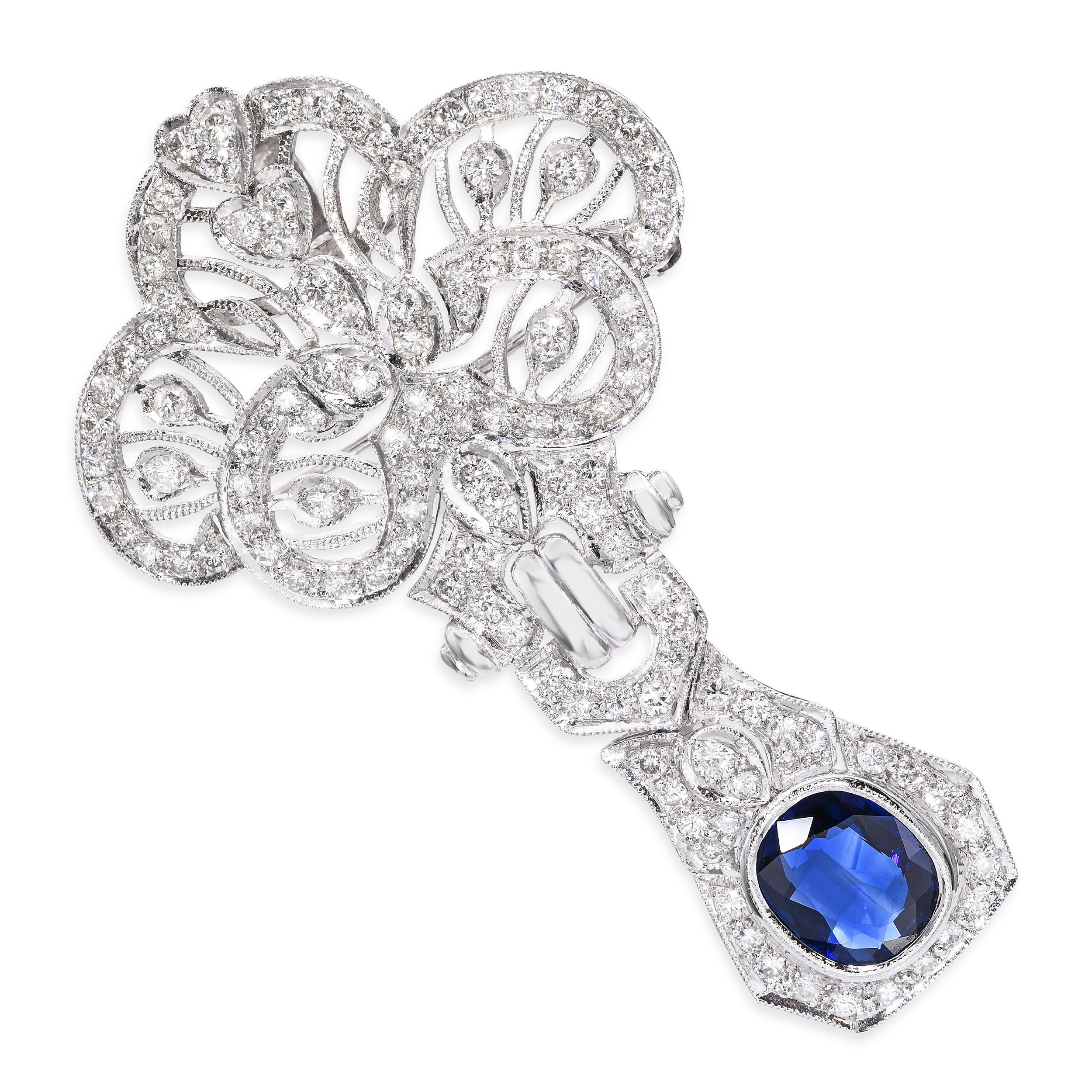 GIA Vintage White Gold 2.48ct Unheated Sapphire 2.01tcw Diamond Pendant Brooch