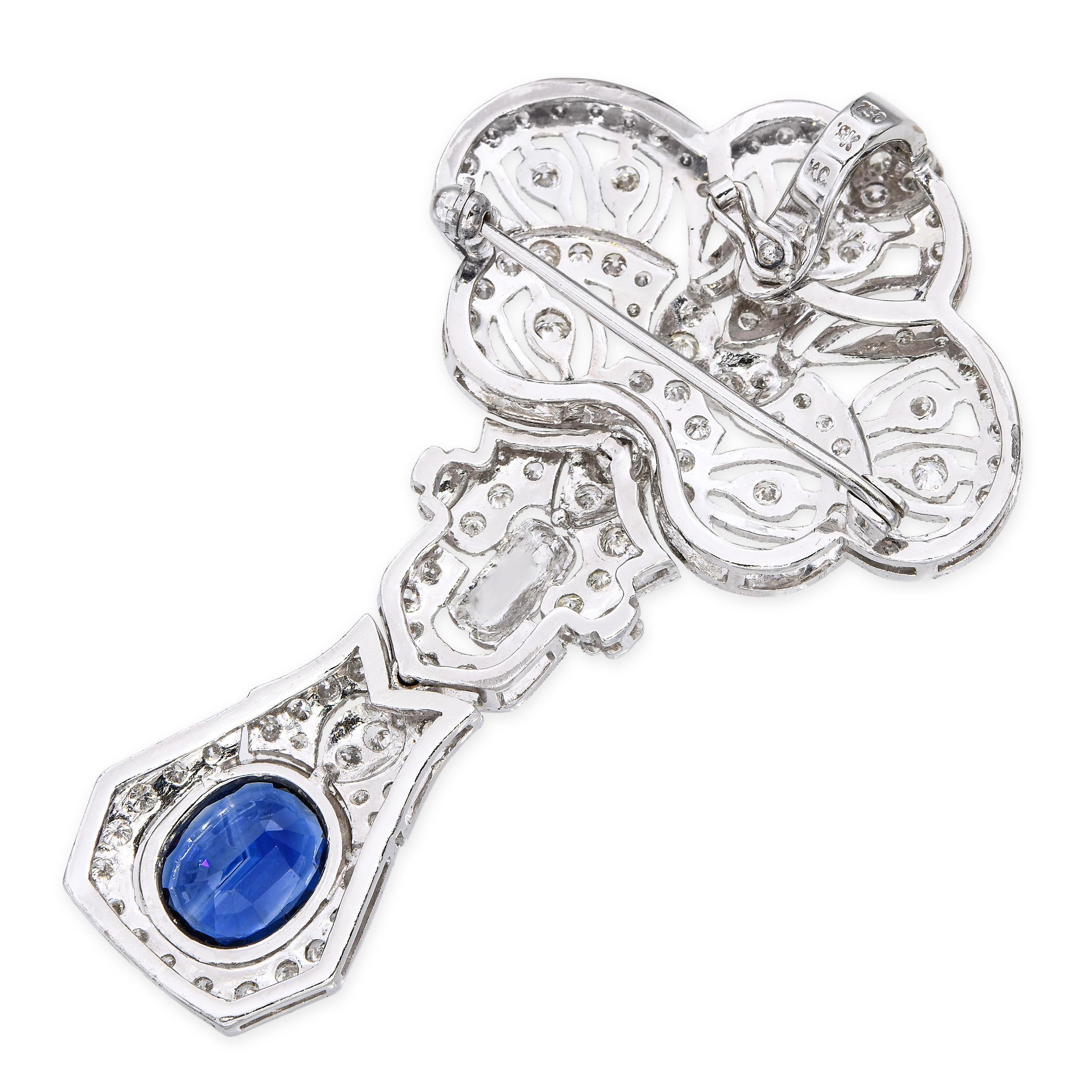 GIA Vintage White Gold 2.48ct Unheated Sapphire 2.01tcw Diamond Pendant Brooch