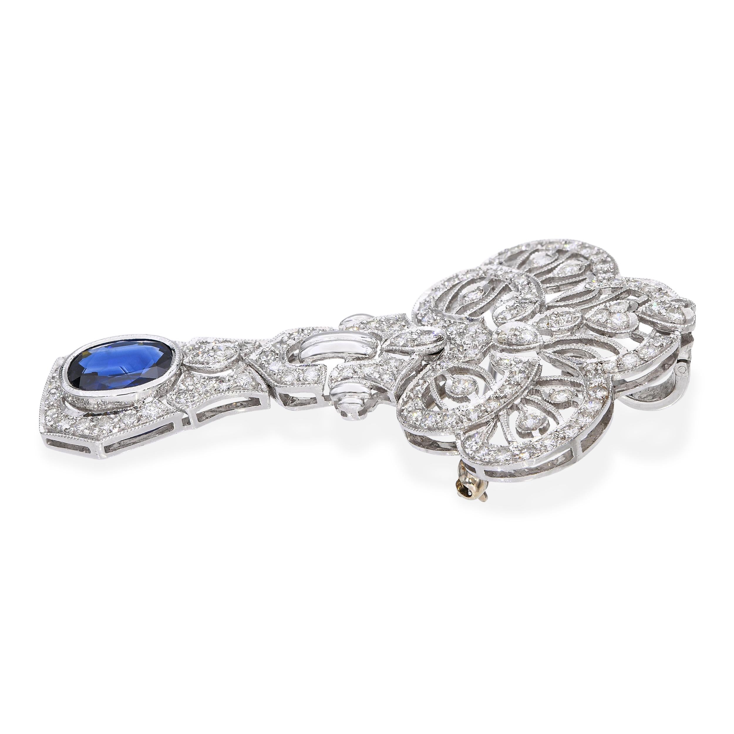 GIA Vintage White Gold 2.48ct Unheated Sapphire 2.01tcw Diamond Pendant Brooch