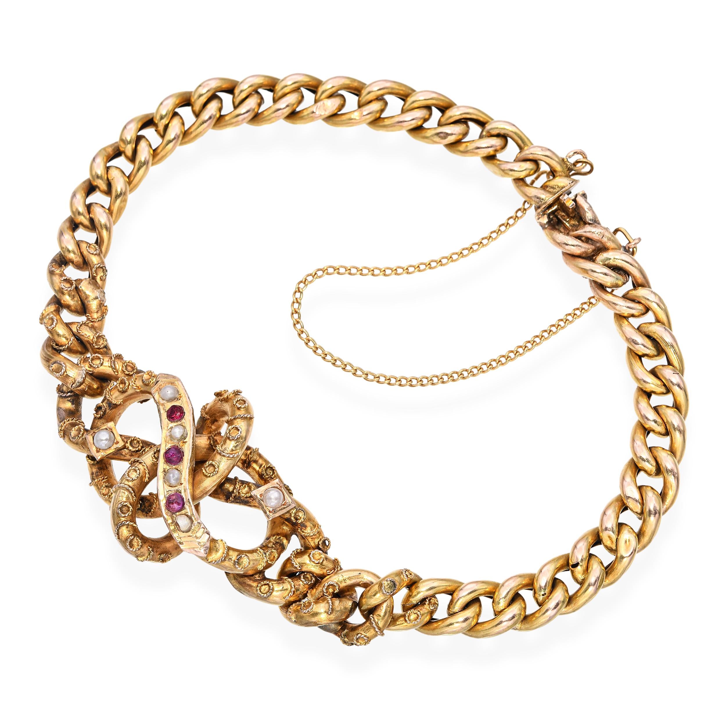 Antique Victorian 14k Yellow Gold Ruby and Pearl Link Bracelet