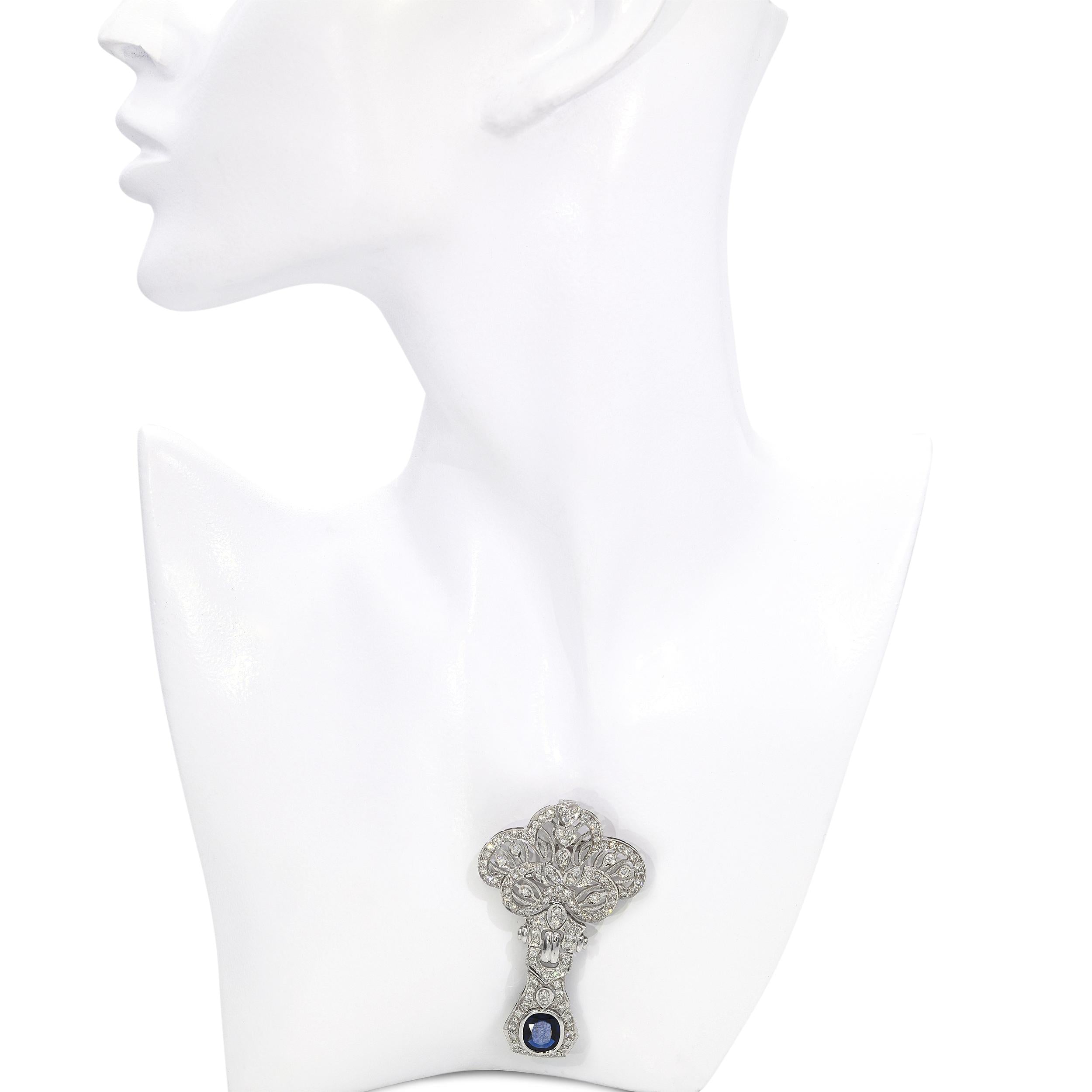 GIA Vintage White Gold 2.48ct Unheated Sapphire 2.01tcw Diamond Pendant Brooch