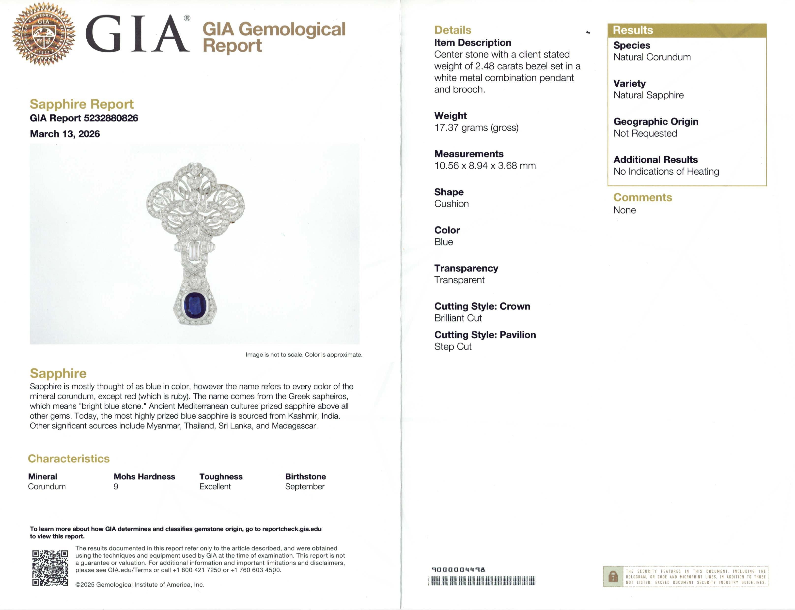 GIA Vintage White Gold 2.48ct Unheated Sapphire 2.01tcw Diamond Pendant Brooch