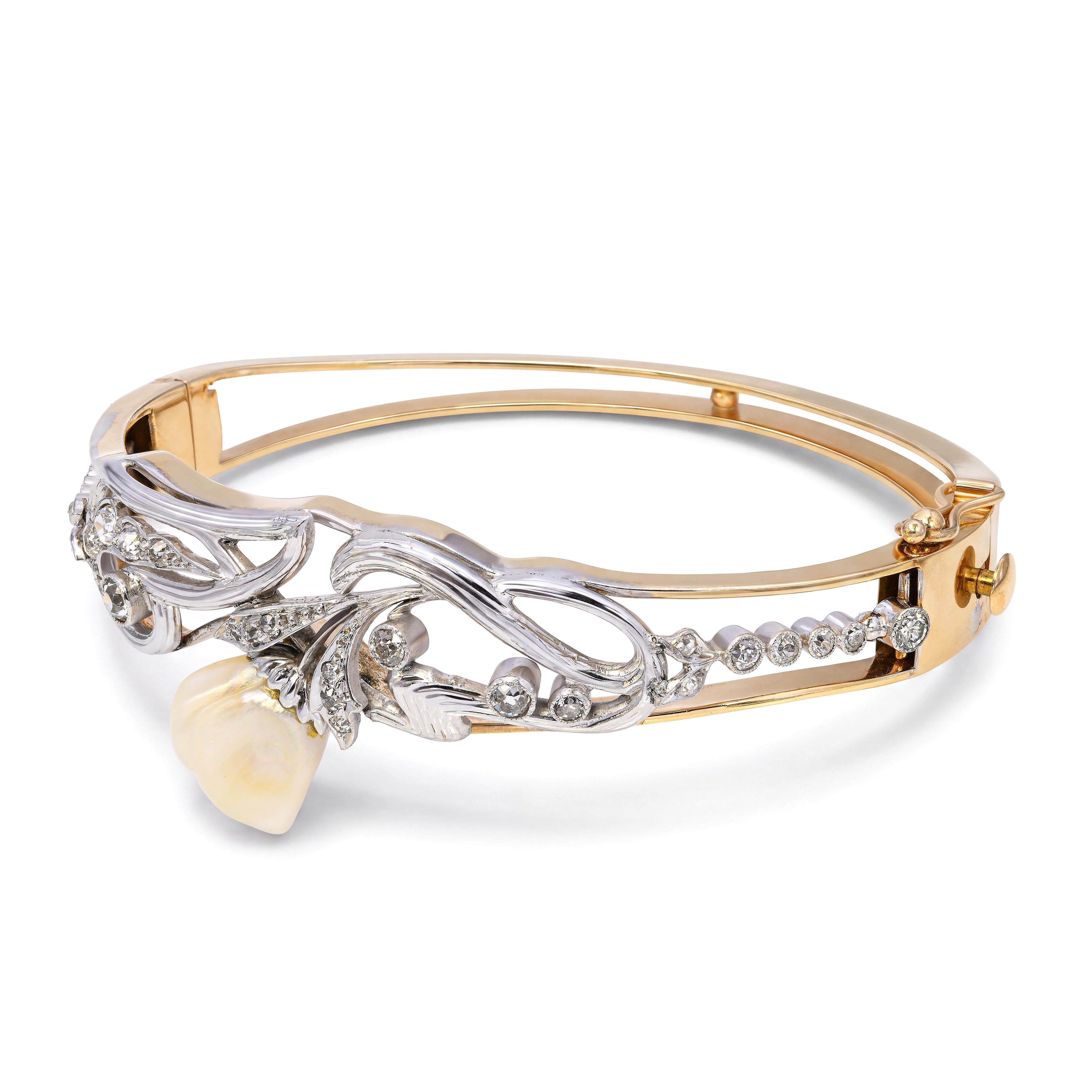 Art Nouveau Platinum-Topped 13k Gold Pearl and Diamond Floral Bangle Bracelet