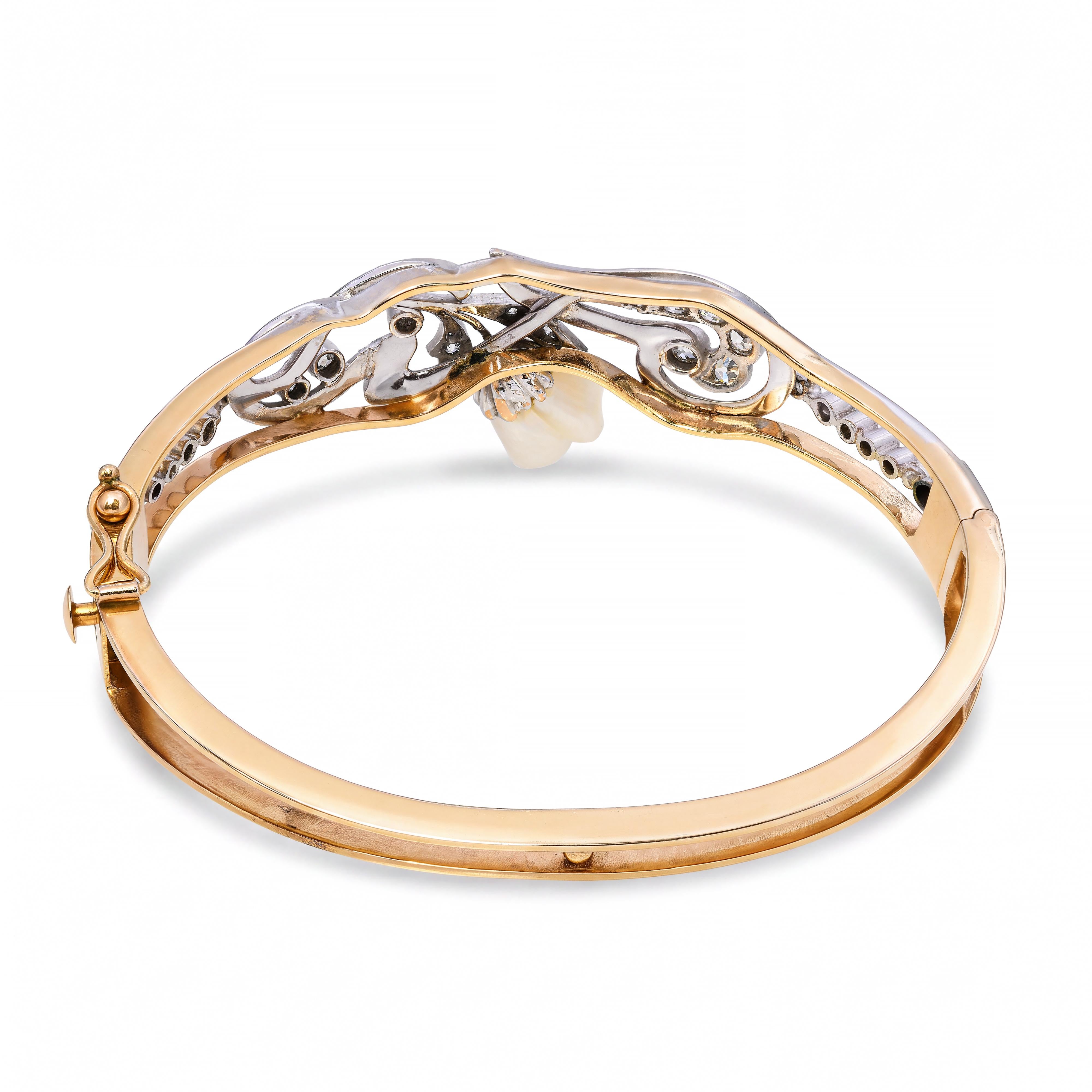 Art Nouveau Platinum-Topped 13k Gold Pearl and Diamond Floral Bangle Bracelet