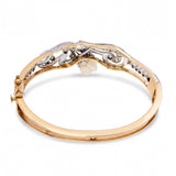Art Nouveau Platinum-Topped 13k Gold Pearl and Diamond Floral Bangle Bracelet