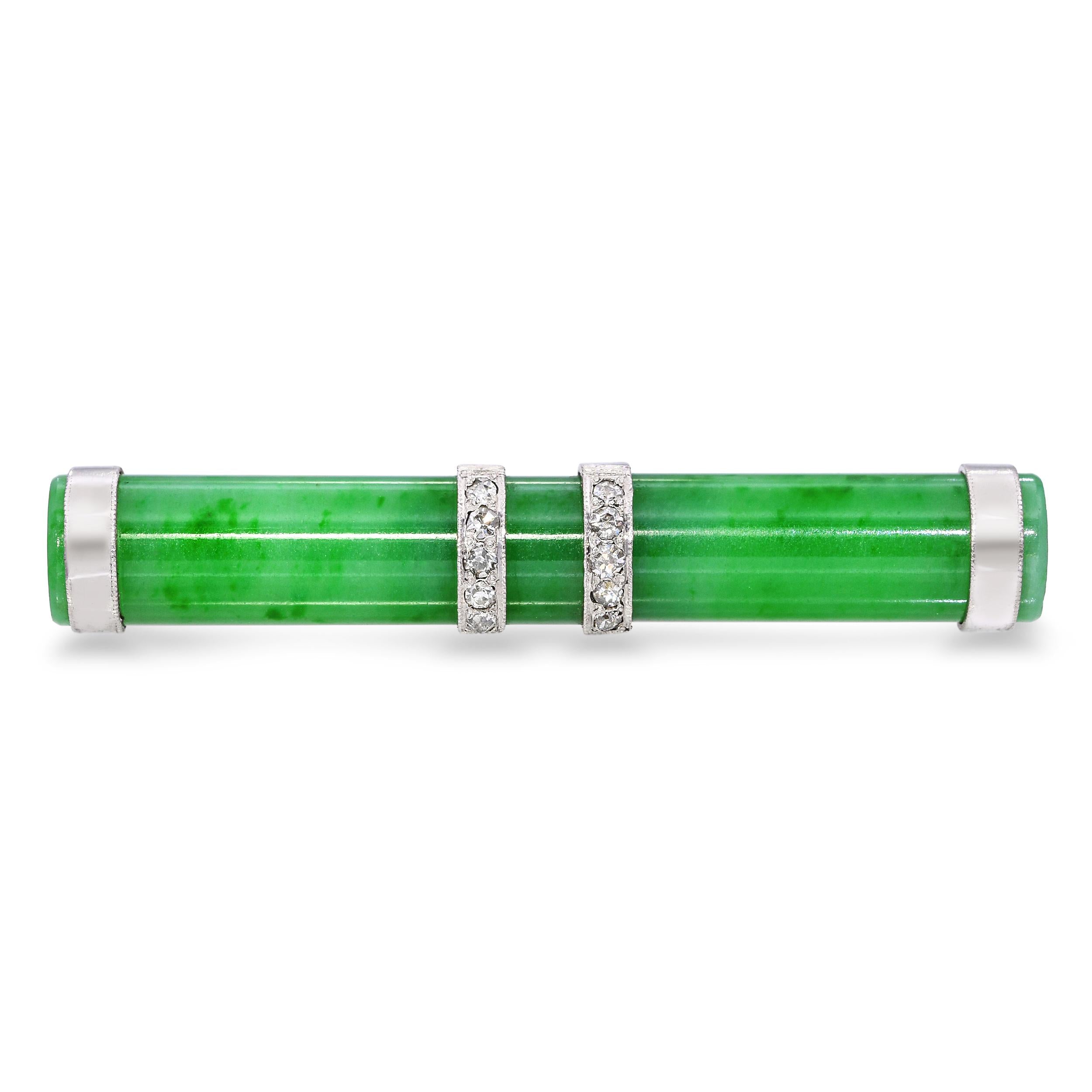 GIA Antique Art Deco 14k Platinum Type A Jade & Diamond Bar Brooch