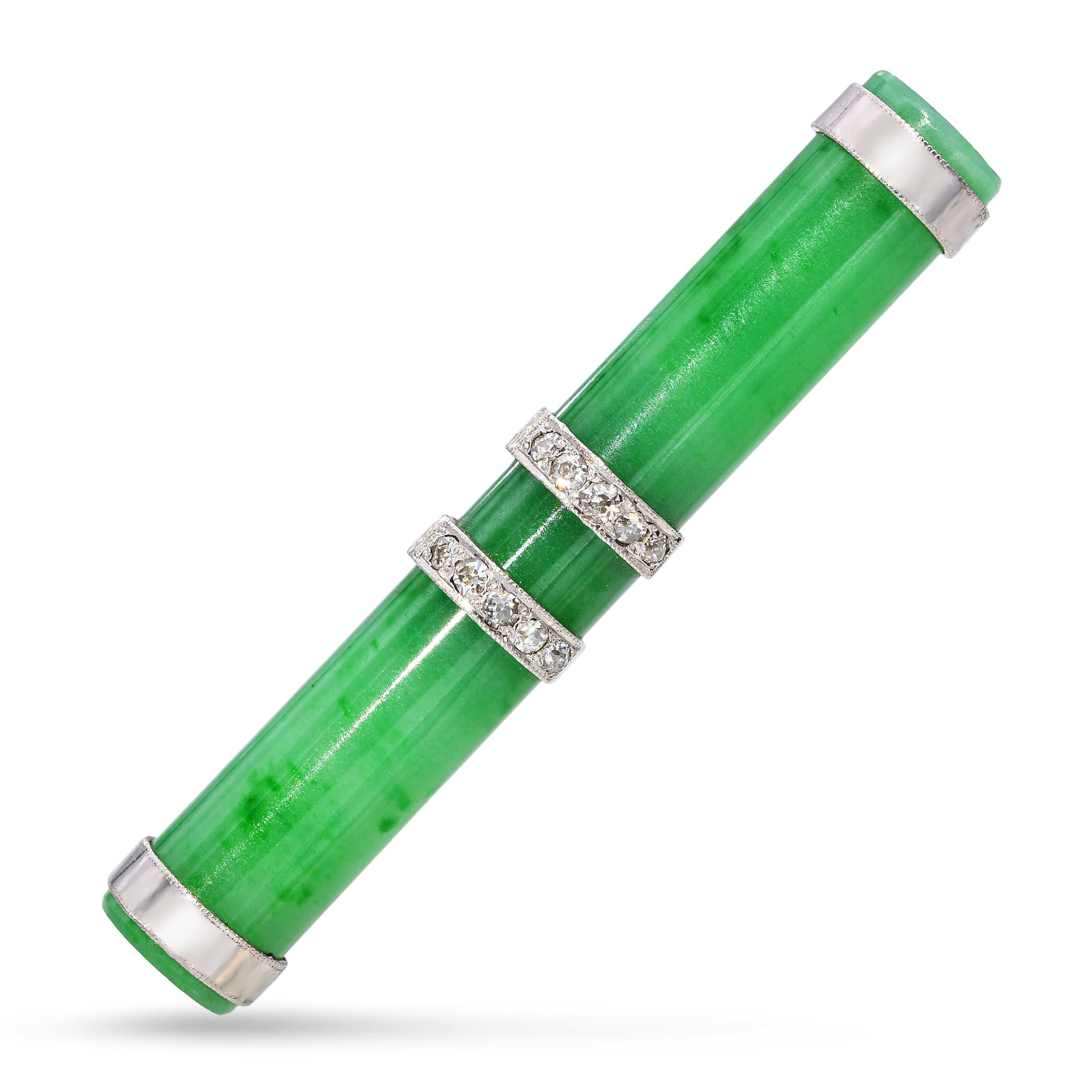 GIA Antique Art Deco 14k Platinum Type A Jade & Diamond Bar Brooch