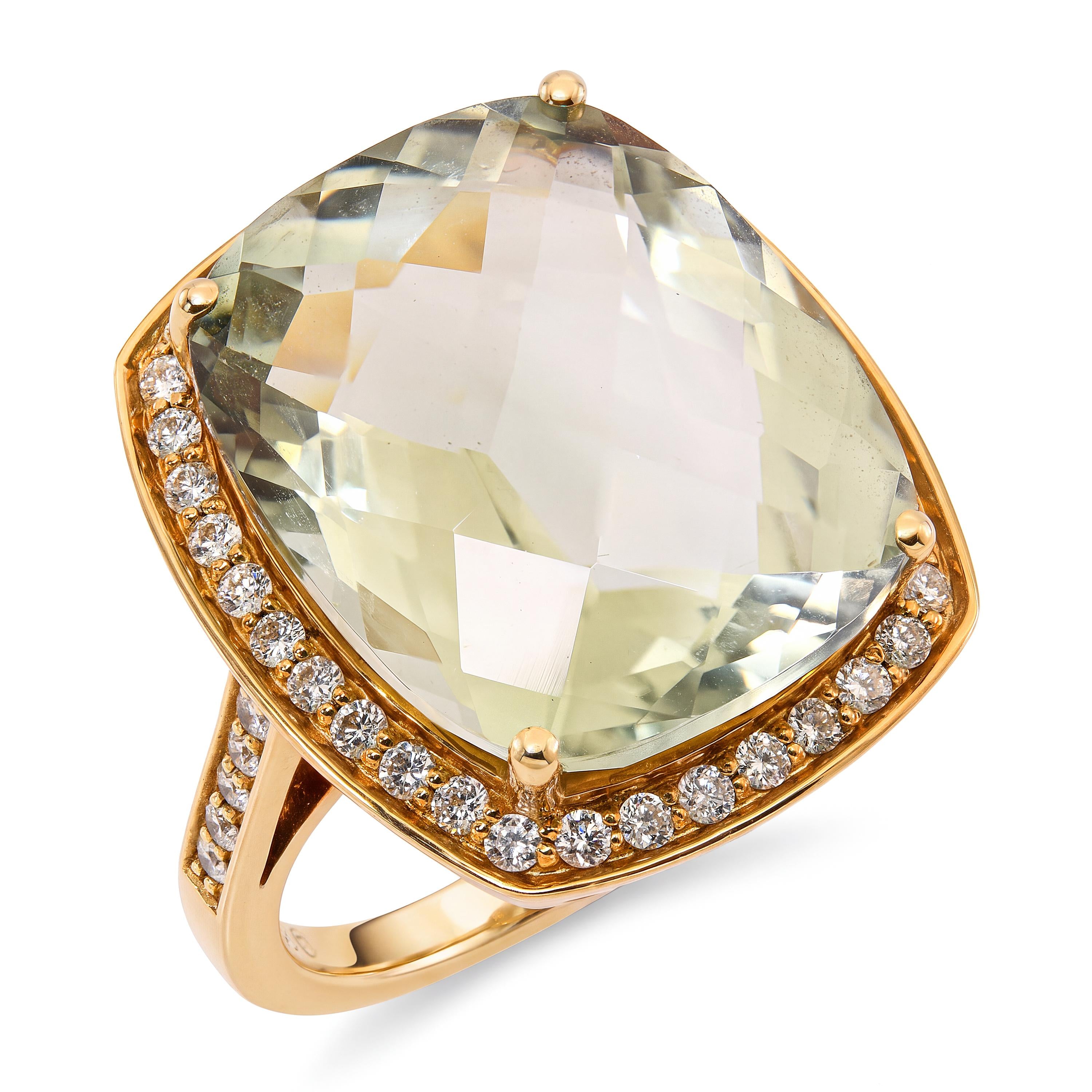 18k Yellow Gold Checkerboard Cut Aquamarine and Diamond Halo Statement Ring