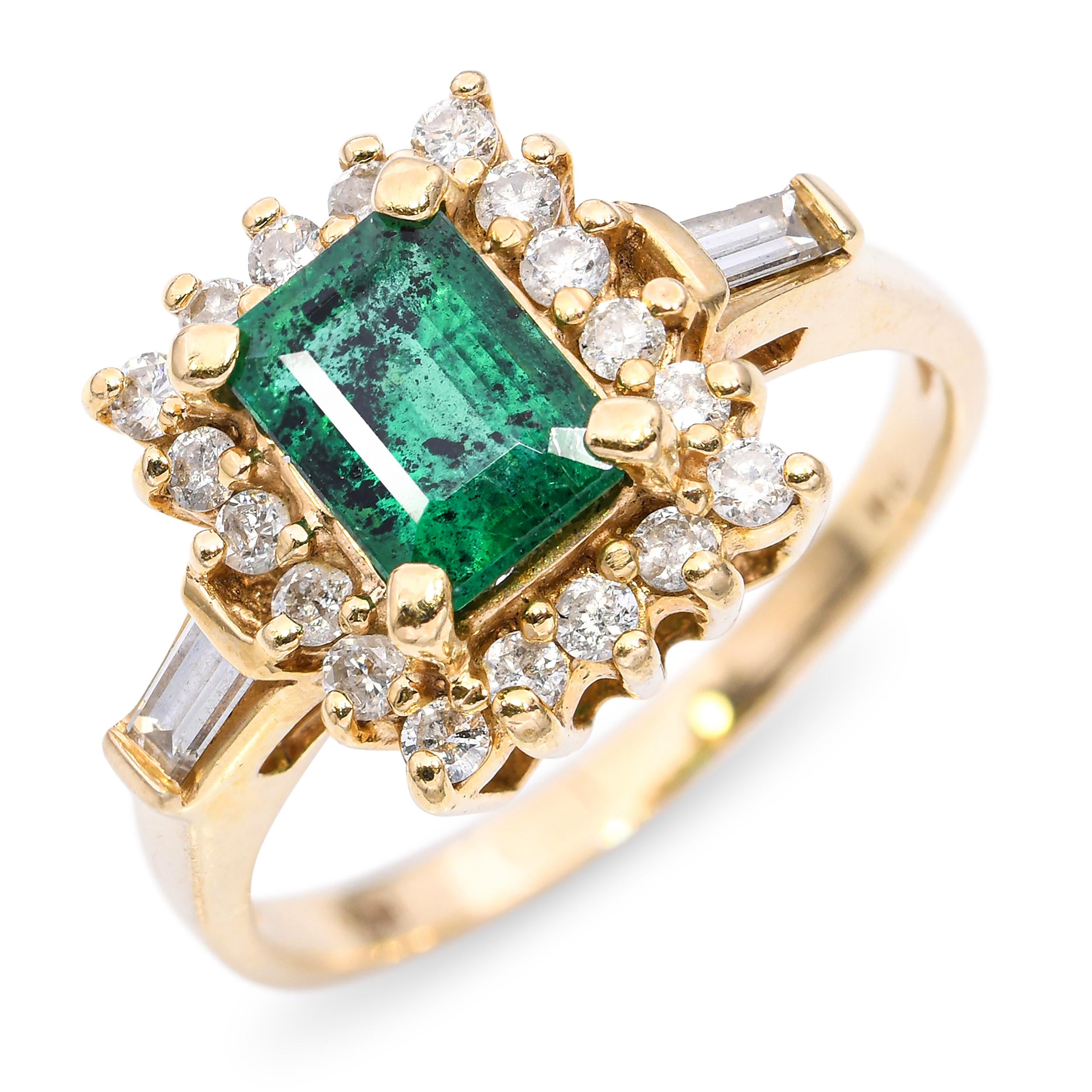 Vintage 14k Yellow Gold 1.12ct Emerald and Diamond Halo Ring