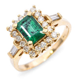 Vintage 14k Yellow Gold 1.12ct Emerald and Diamond Halo Ring