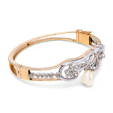 Art Nouveau Platinum-Topped 13k Gold Pearl and Diamond Floral Bangle Bracelet