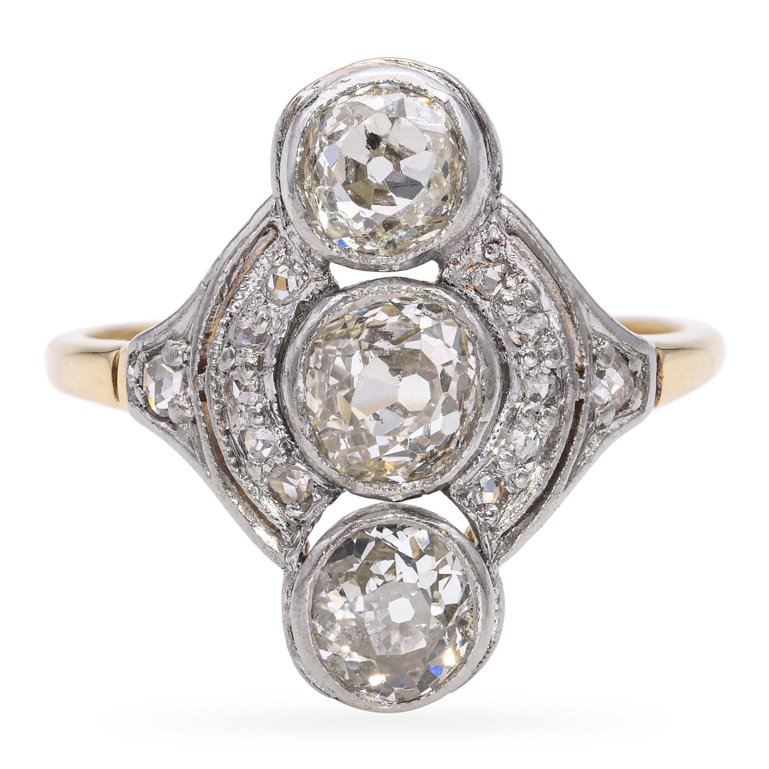 Antique 18k Gold and Platinum 3-Stone Diamond Dinner Ring