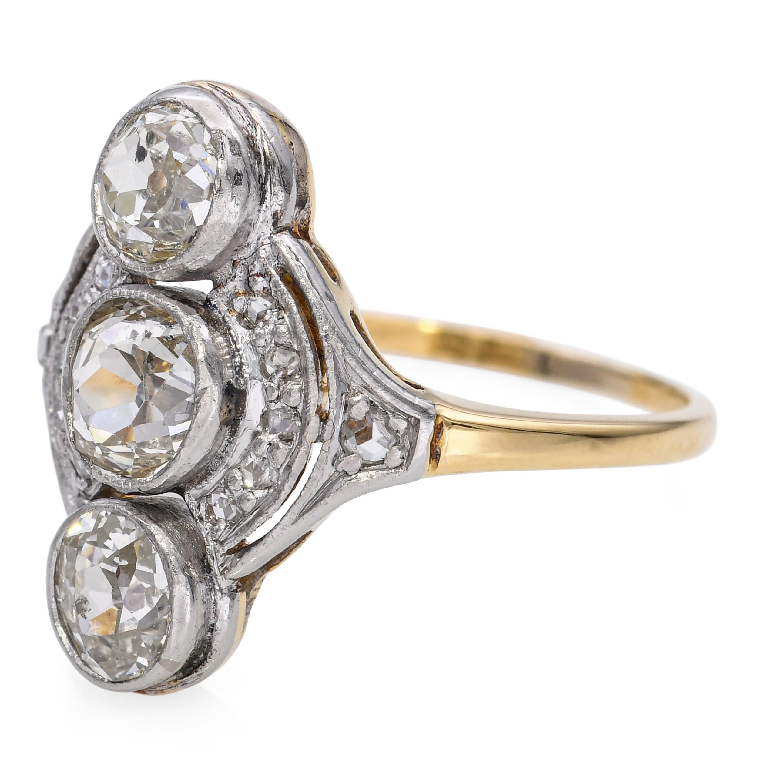 Antique 18k Gold and Platinum 3-Stone Diamond Dinner Ring