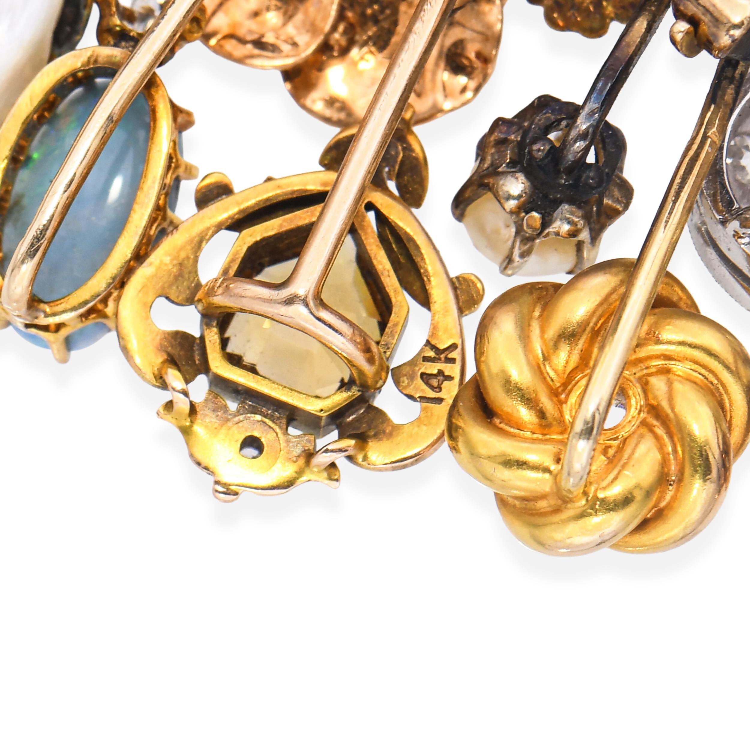 Exceptional Antique Yellow Gold Multi Gemstone Stick Pin Collection Brooch