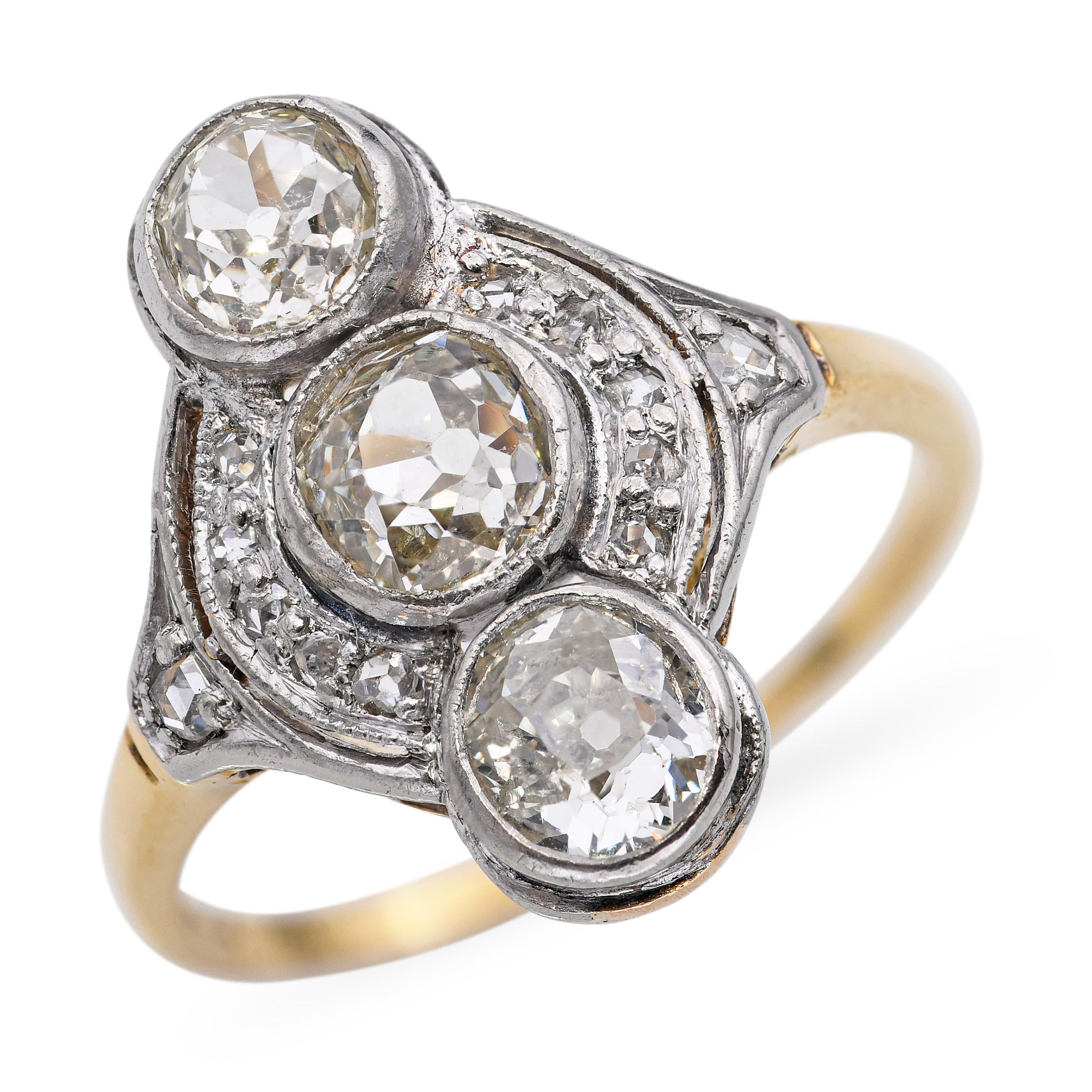 Antique 18k Gold and Platinum 3-Stone Diamond Dinner Ring
