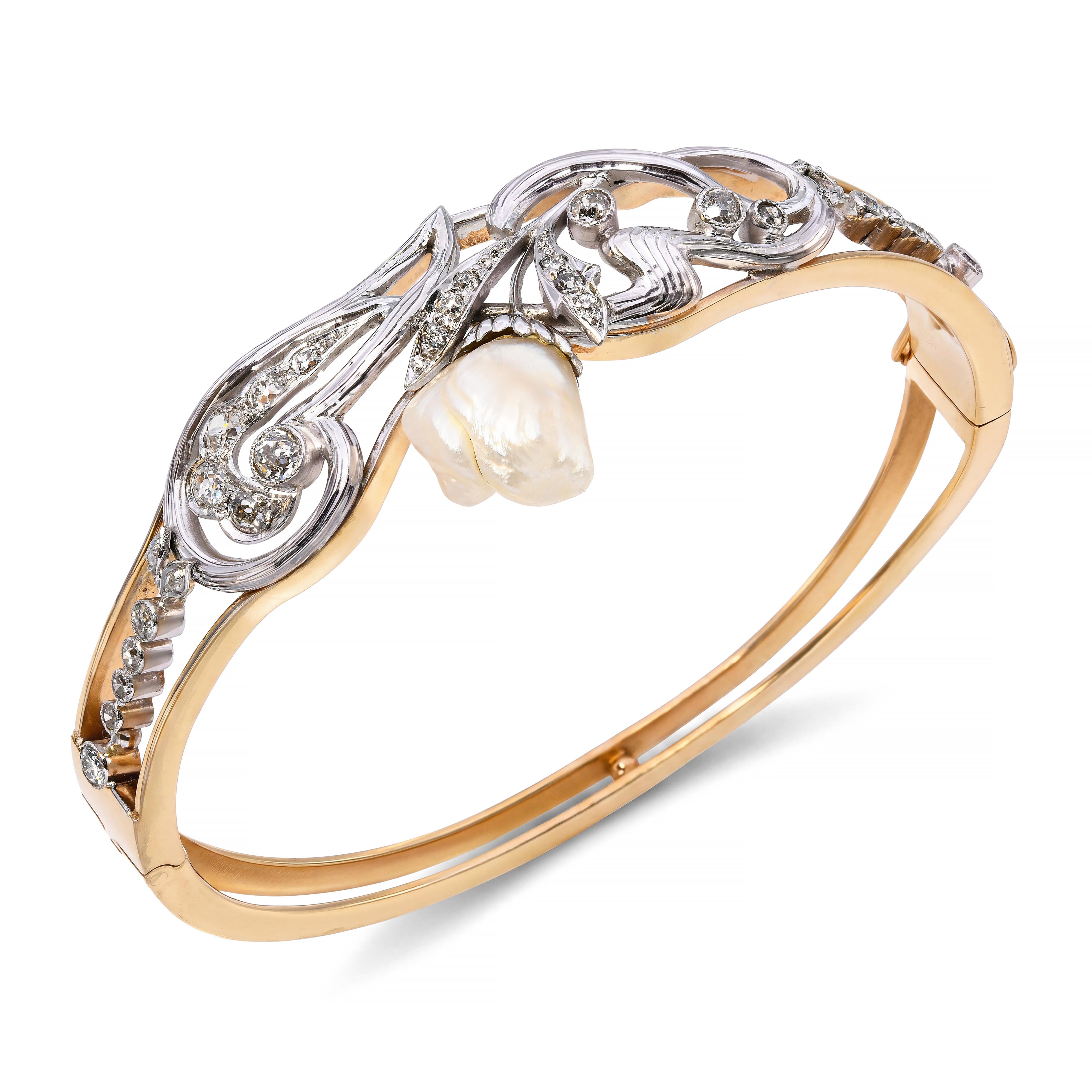 Art Nouveau Platinum-Topped 13k Gold Pearl and Diamond Floral Bangle Bracelet
