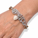 Art Nouveau Platinum-Topped 13k Gold Pearl and Diamond Floral Bangle Bracelet
