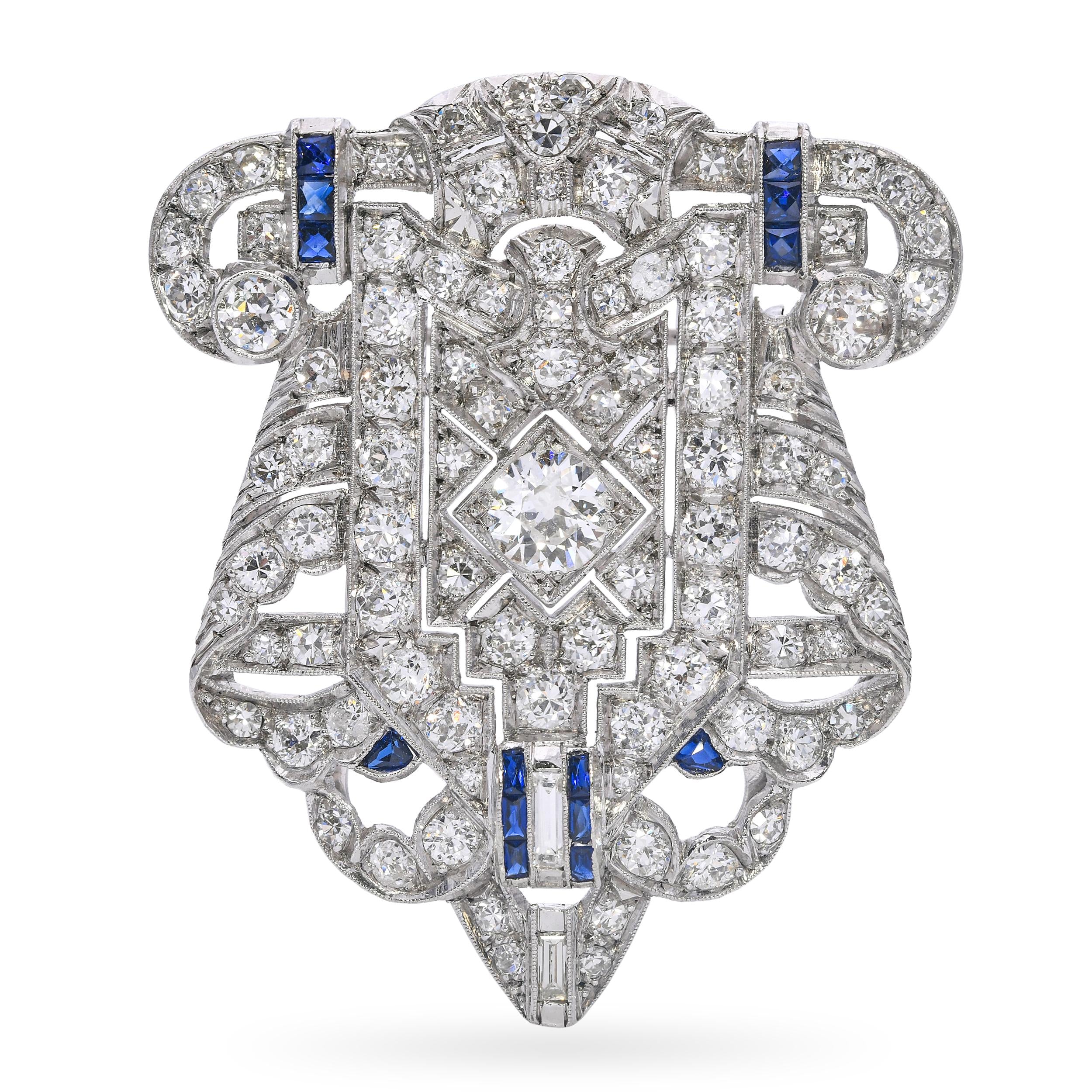 Art Deco Platinum 4.54ctw Diamond and Sapphire Shield Brooch