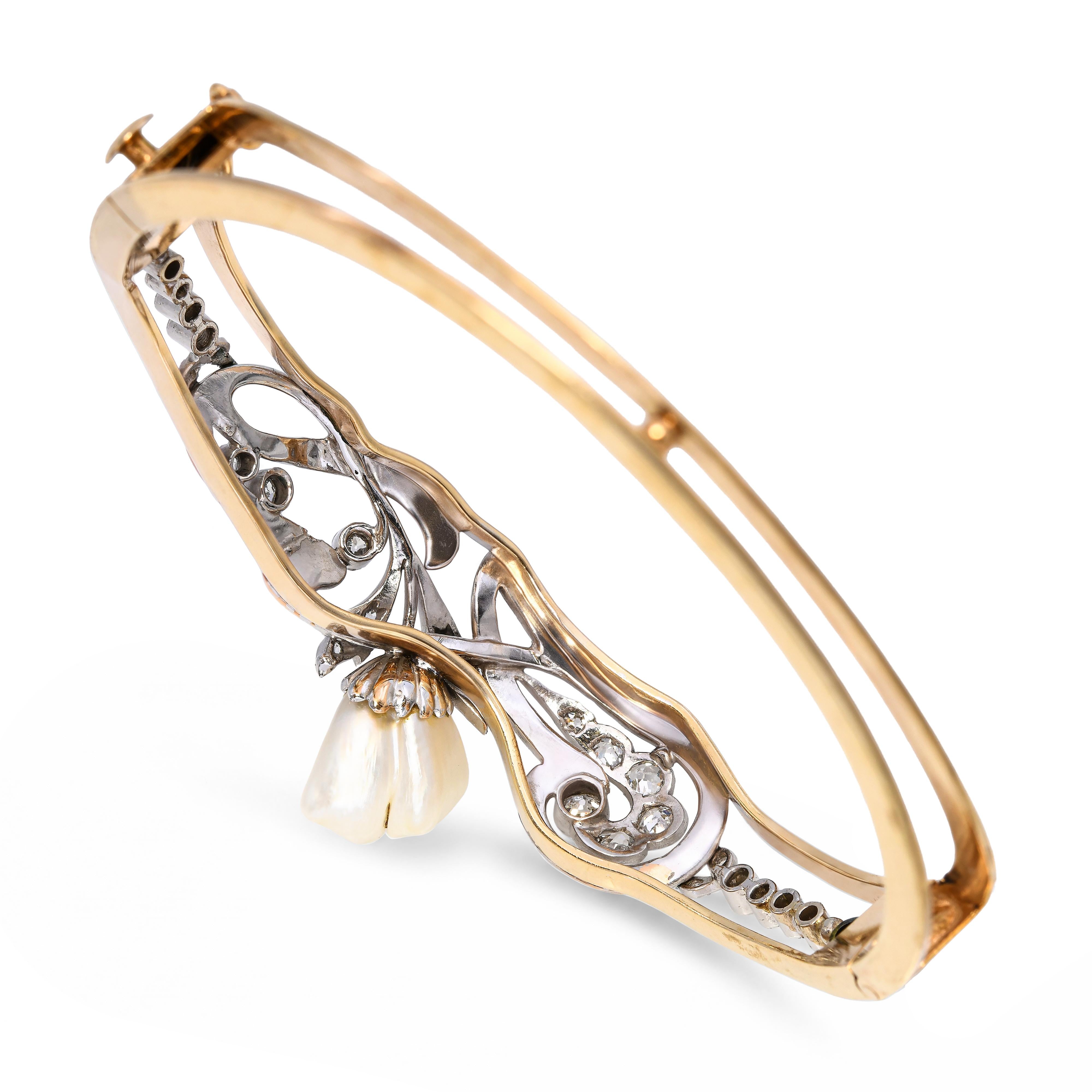 Art Nouveau Platinum-Topped 13k Gold Pearl and Diamond Floral Bangle Bracelet