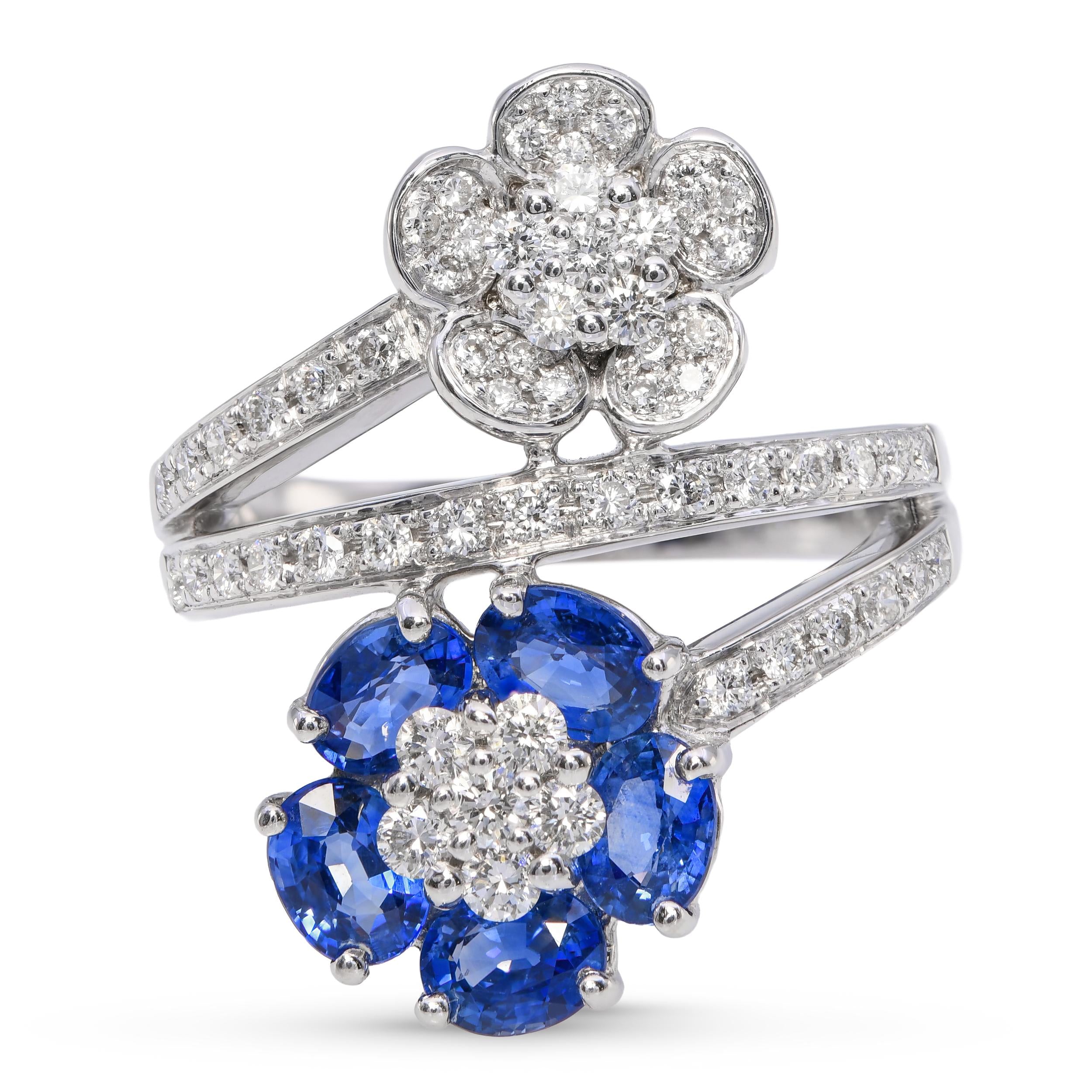 14k White Gold Sapphire and Diamond Bypass Flower Ring