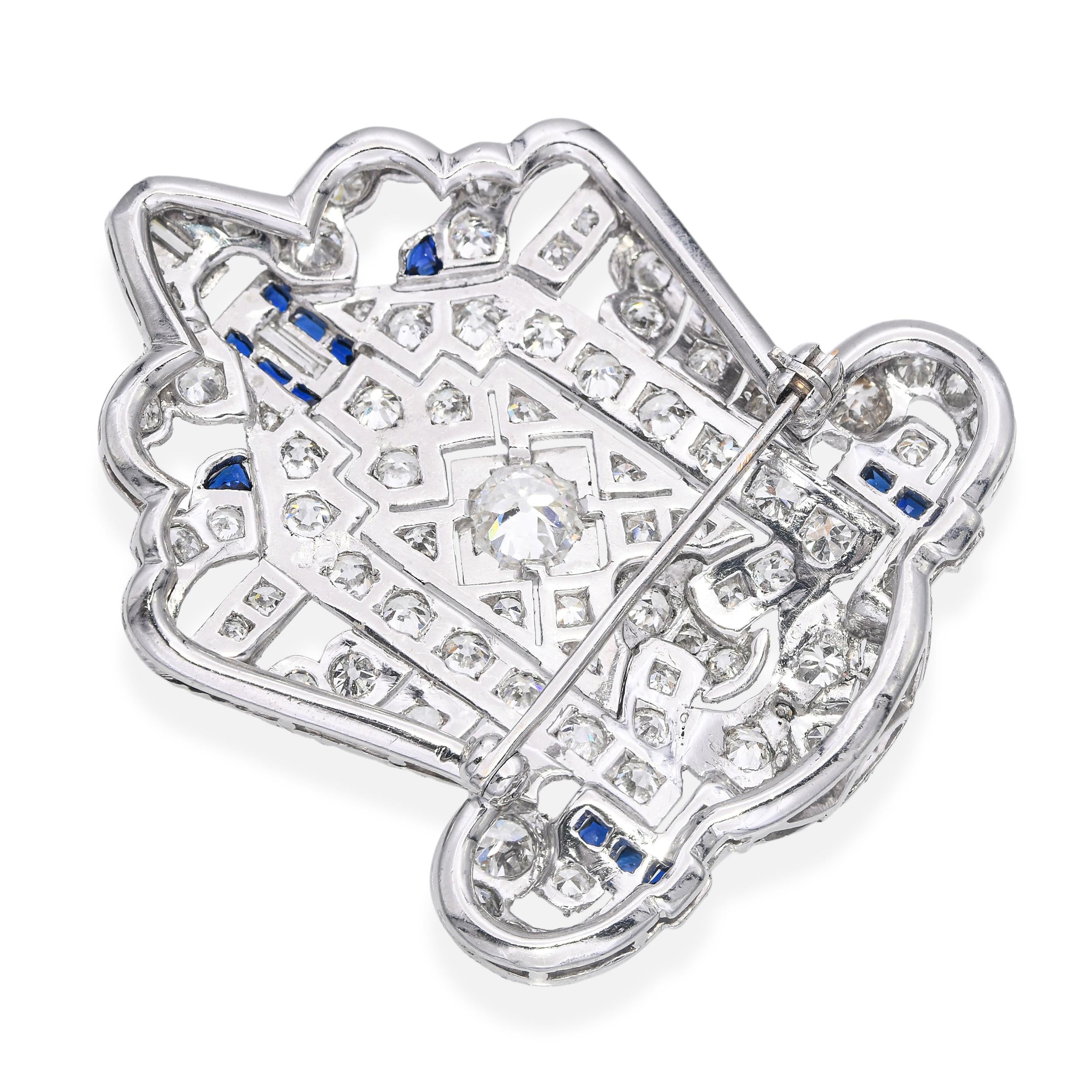 Art Deco Platinum 4.54ctw Diamond and Sapphire Shield Brooch