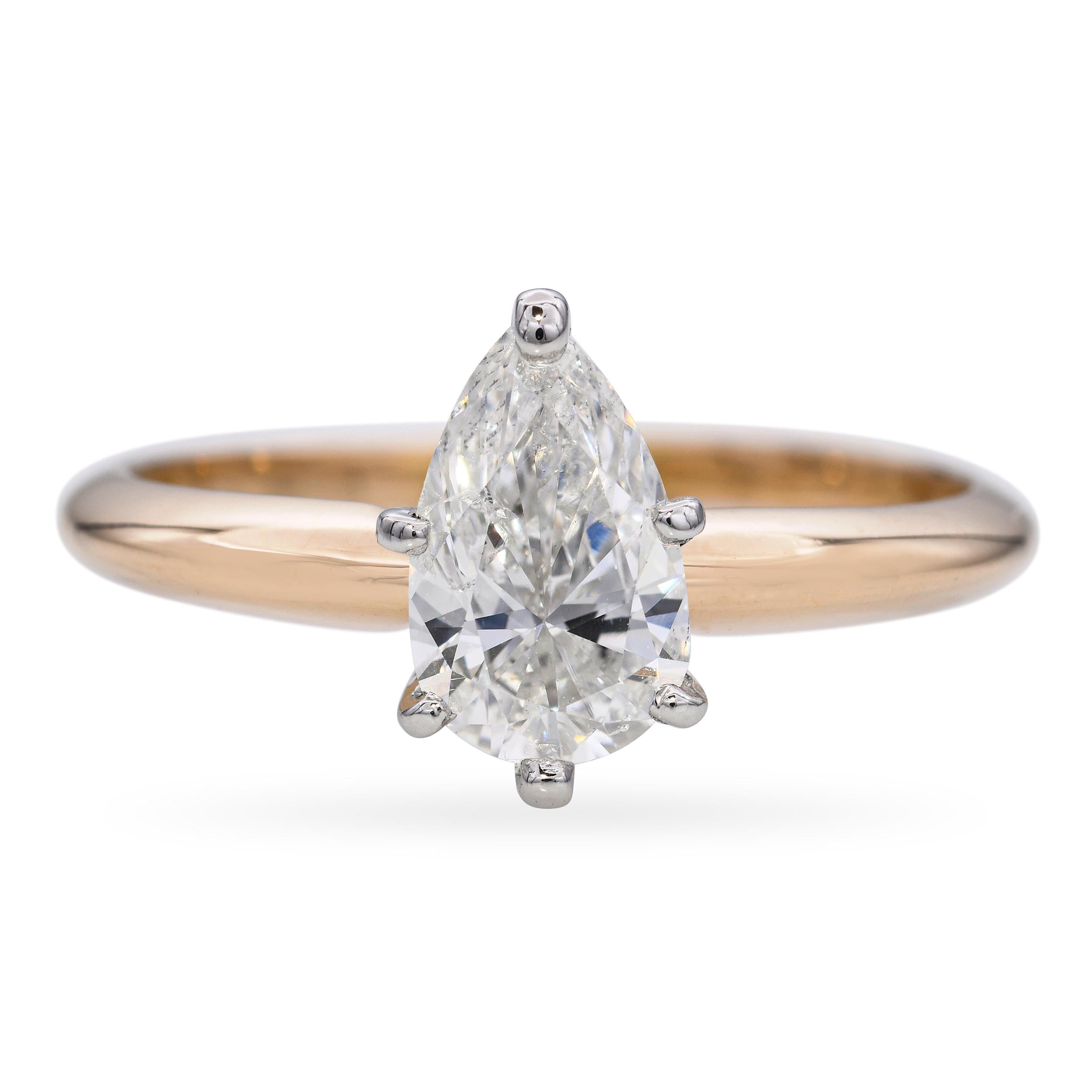 14k Yellow Gold and Platinum GIA G I1 0.76ct Pear Shaped Diamond Engagement Ring