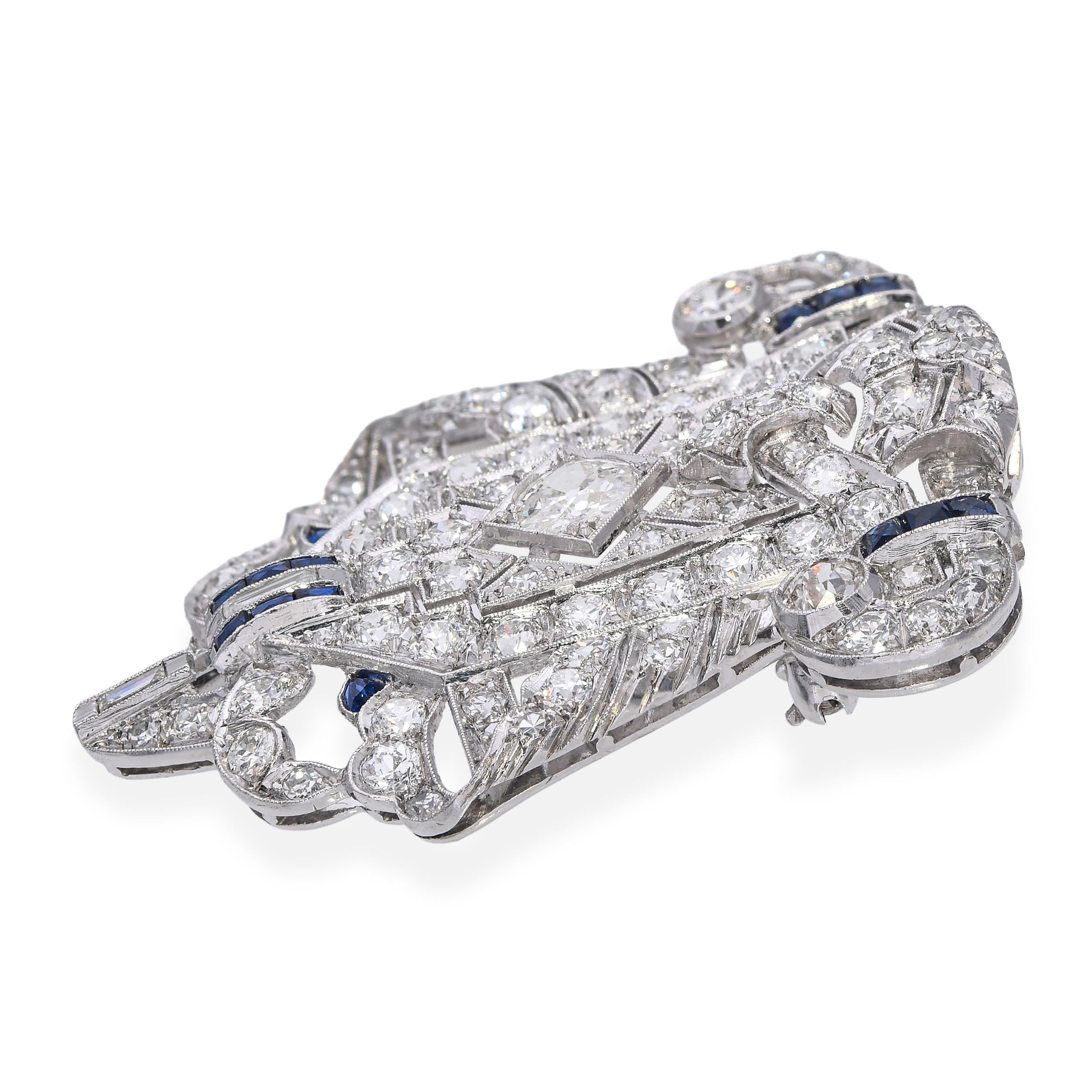Art Deco Platinum 4.54ctw Diamond and Sapphire Shield Brooch