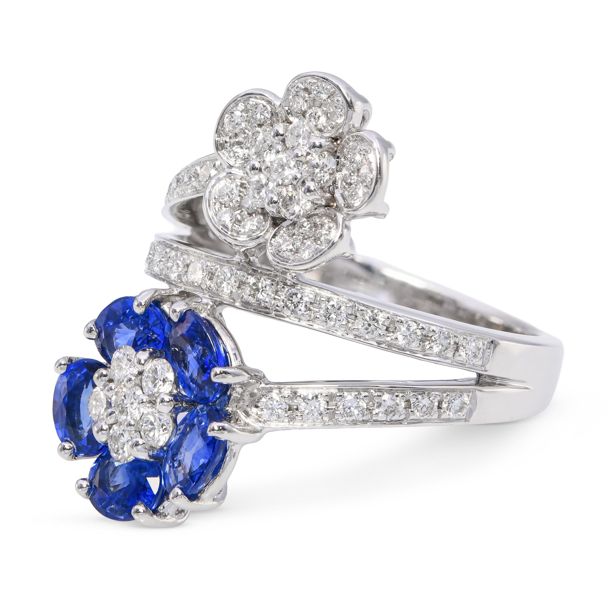 14k White Gold Sapphire and Diamond Bypass Flower Ring
