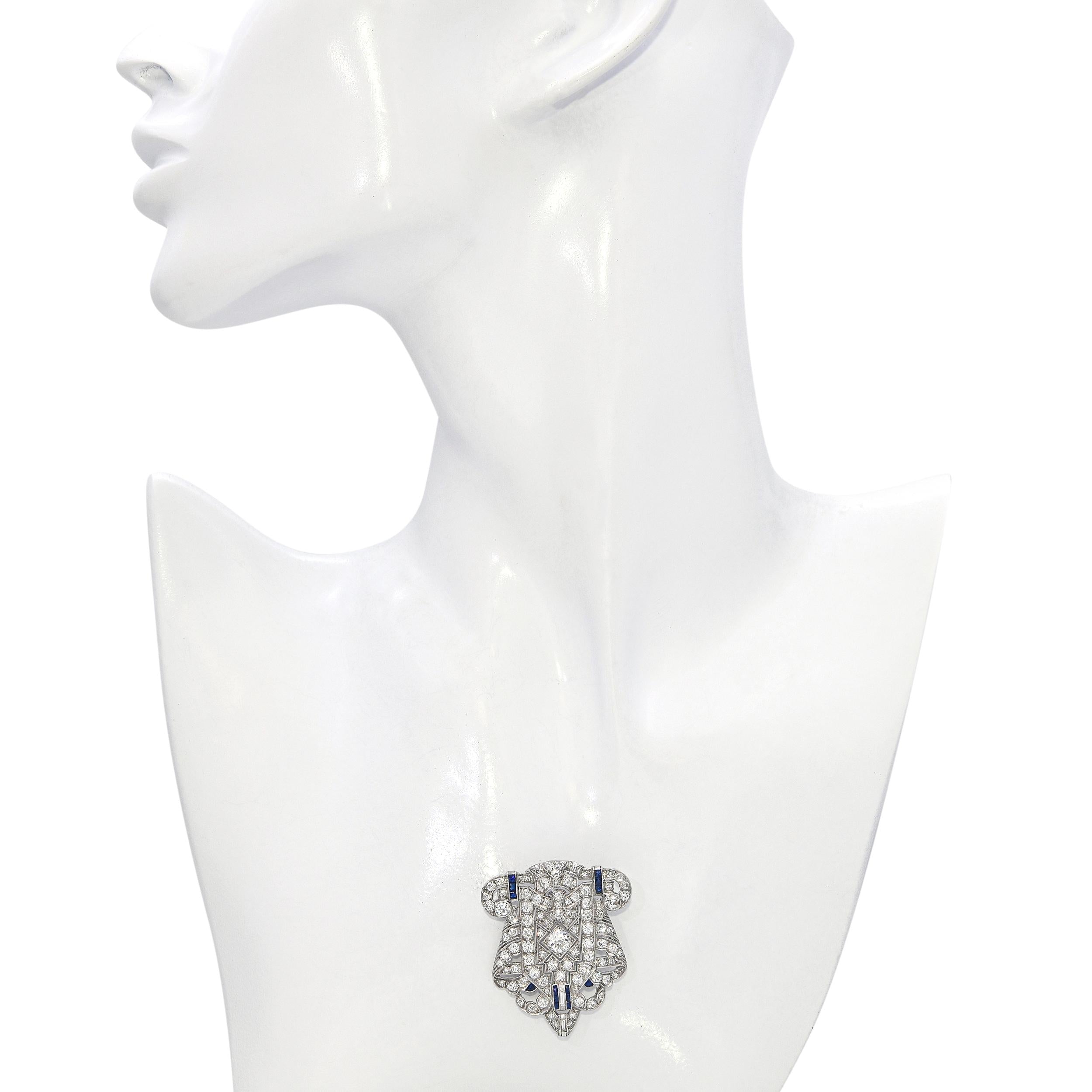 Art Deco Platinum 4.54ctw Diamond and Sapphire Shield Brooch