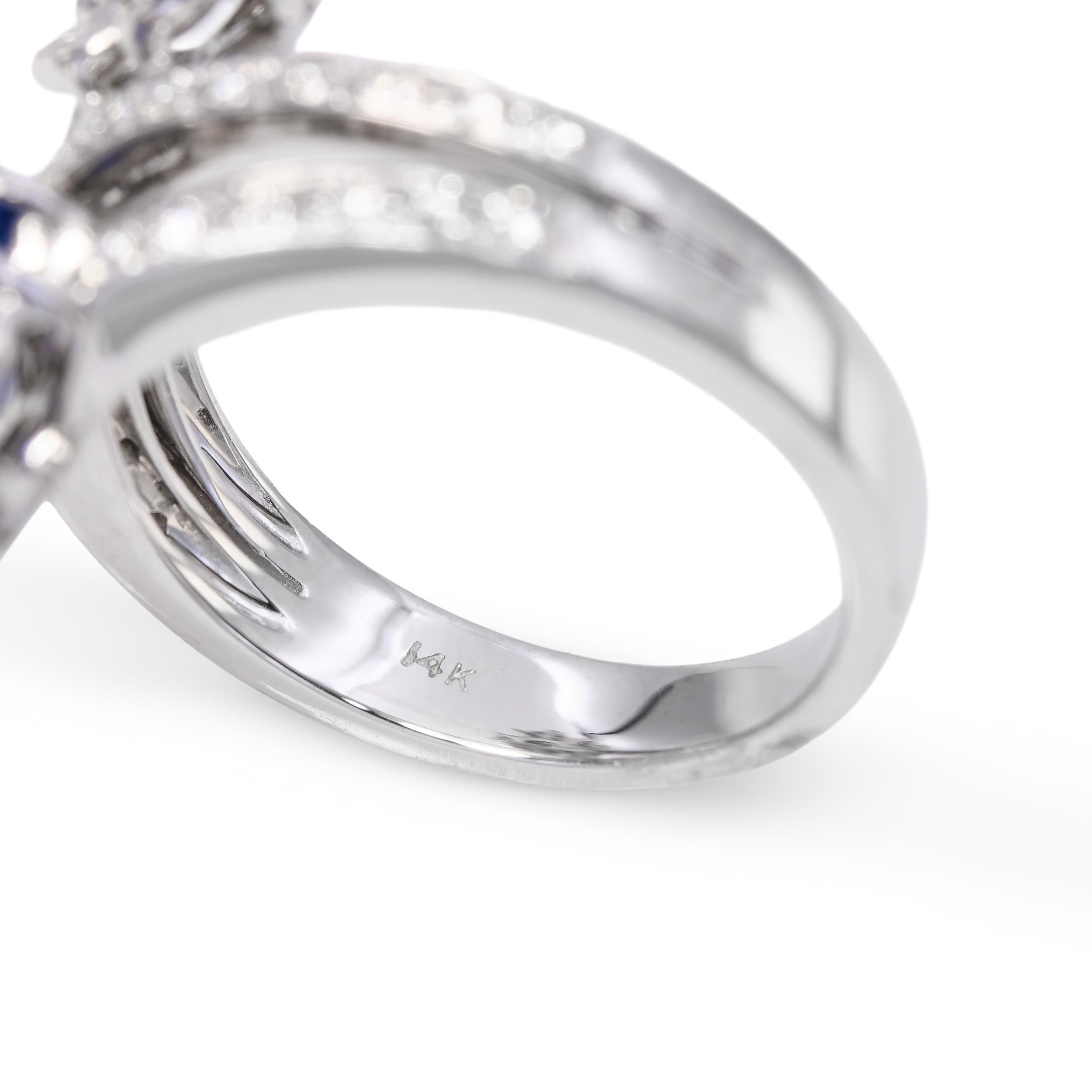 14k White Gold Sapphire and Diamond Bypass Flower Ring