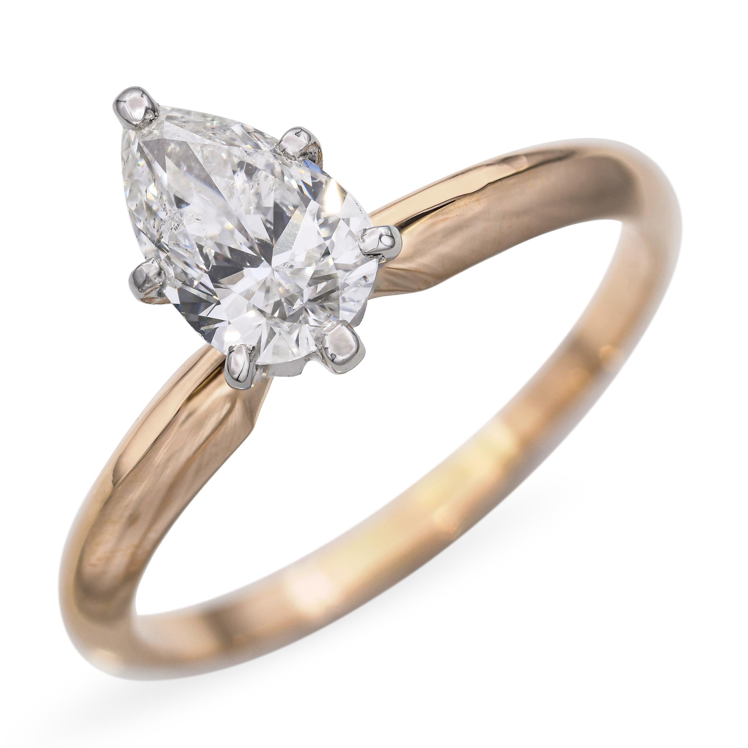 14k Yellow Gold and Platinum GIA G I1 0.76ct Pear Shaped Diamond Engagement Ring