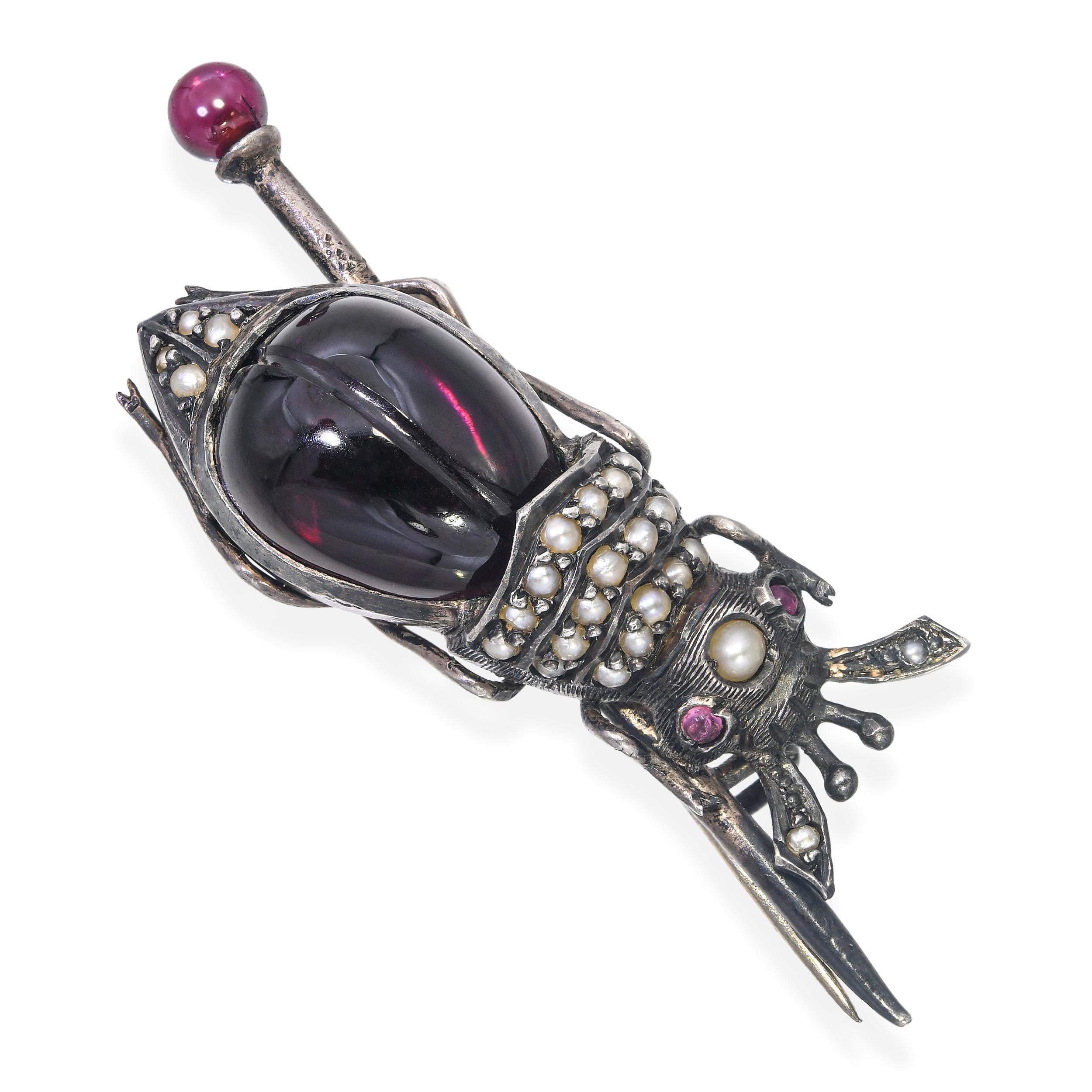 Antique Sterling Silver Bohemian Garnet and Pearl Beetle Brooch
