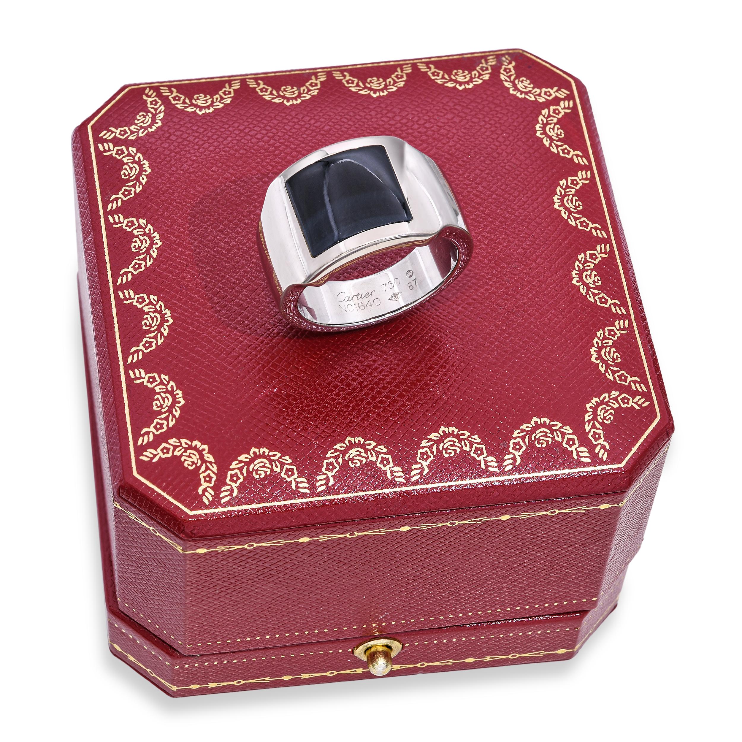 Cartier Santos 18K White Gold Hawk’s Eye Dumont Ring