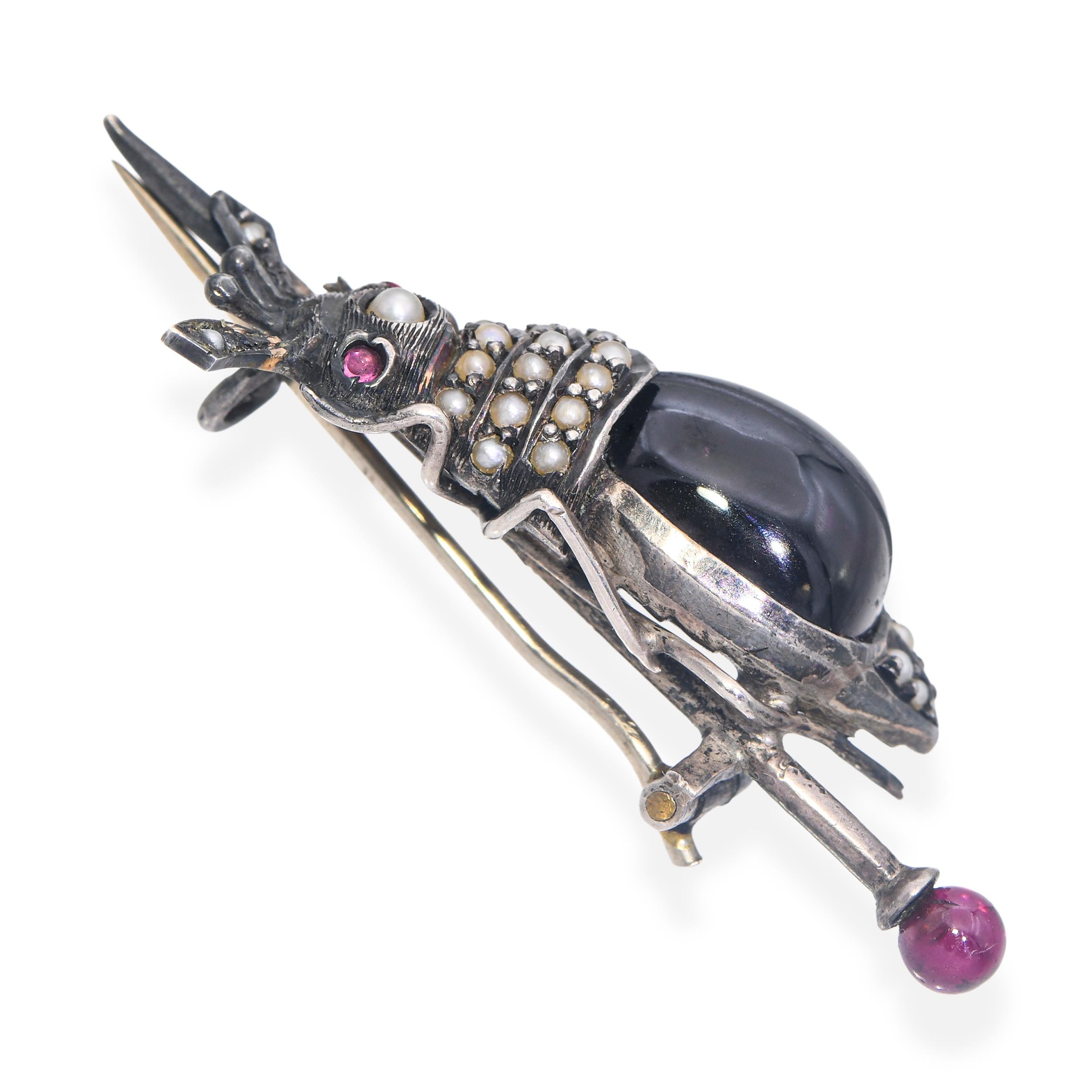 Antique Sterling Silver Bohemian Garnet and Pearl Beetle Brooch