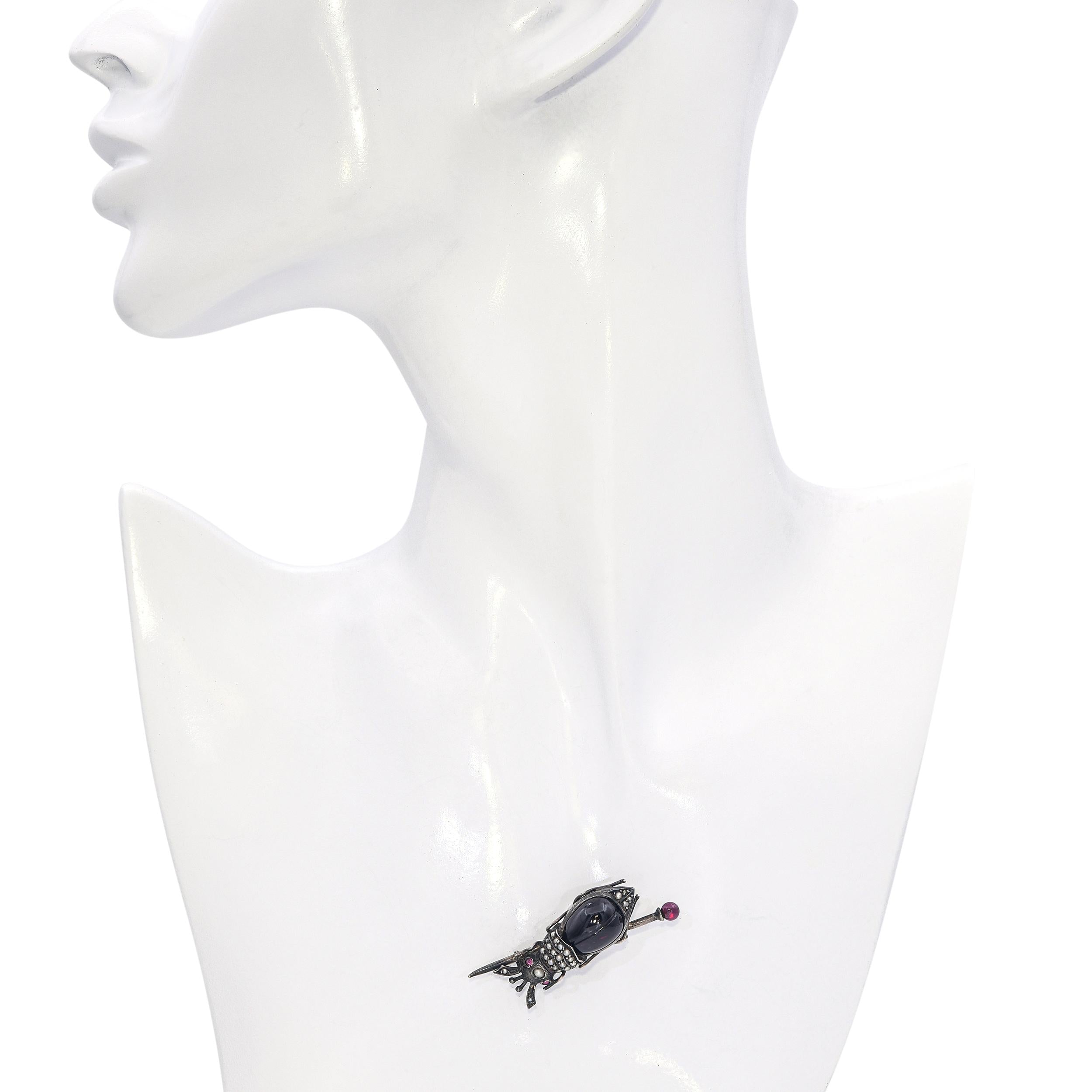 Antique Sterling Silver Bohemian Garnet and Pearl Beetle Brooch