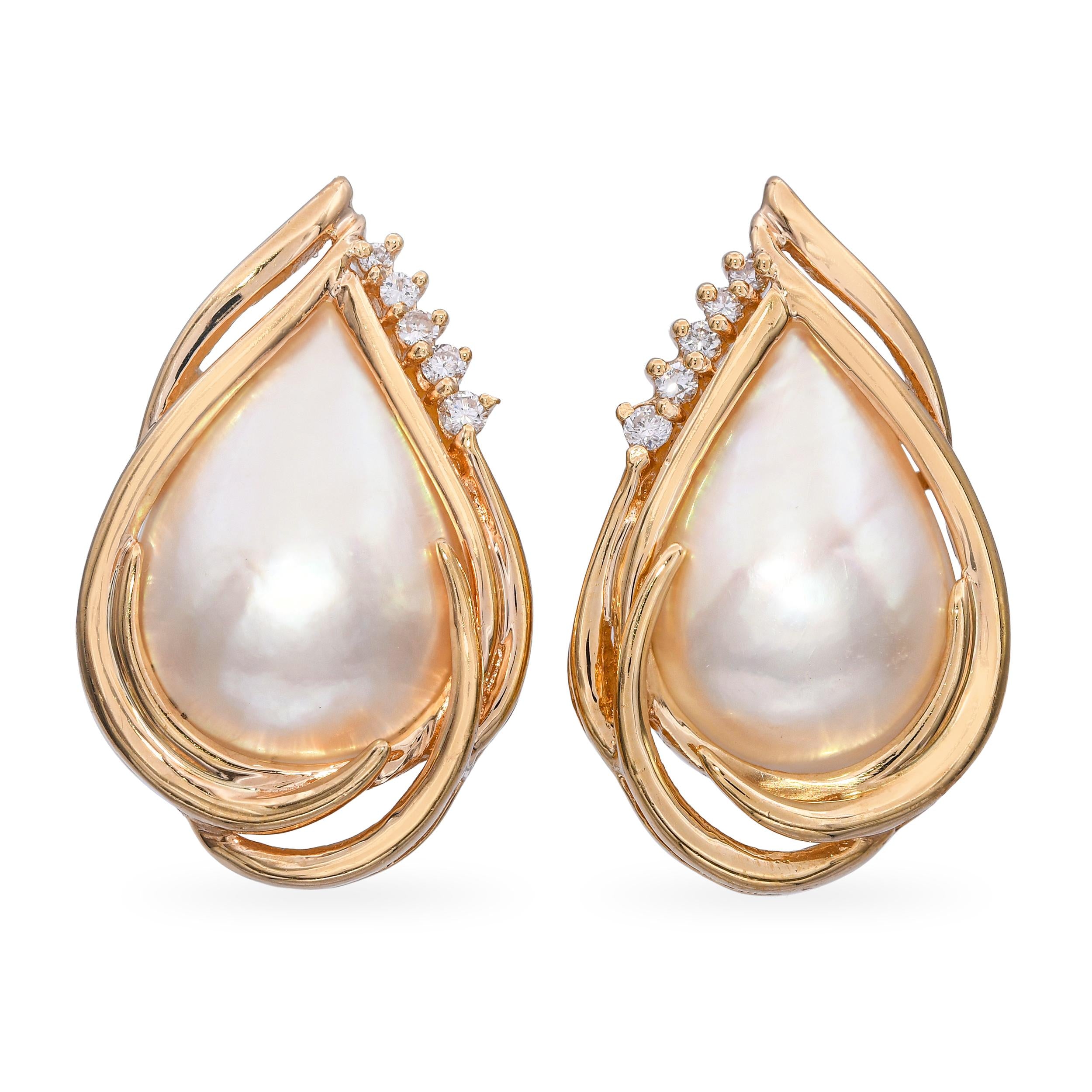 Vintage 14k Yellow Gold Mabé Pearl and Diamond Teardrop Earrings