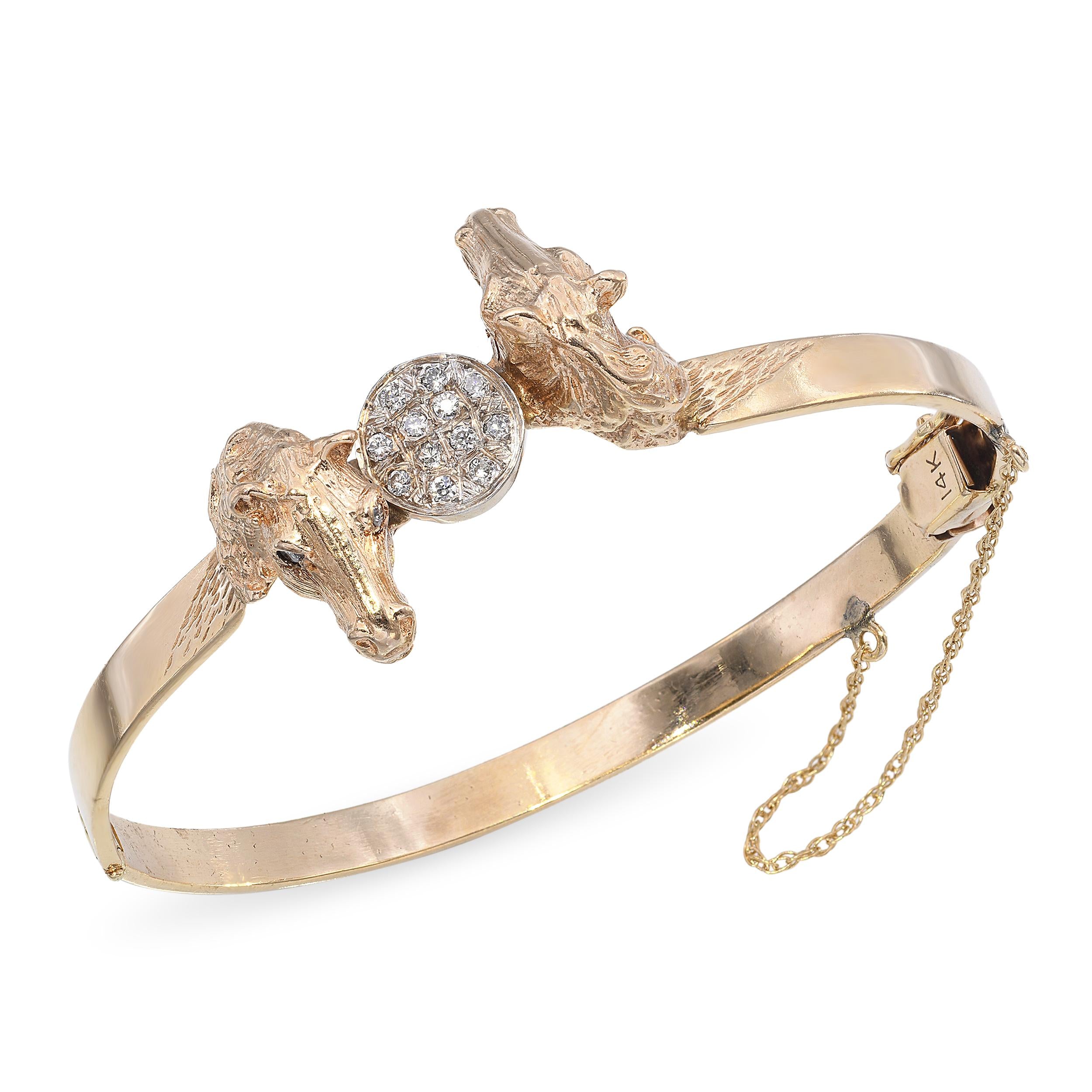Vintage Yellow Gold Diamond Accented Horse Head Bracelet