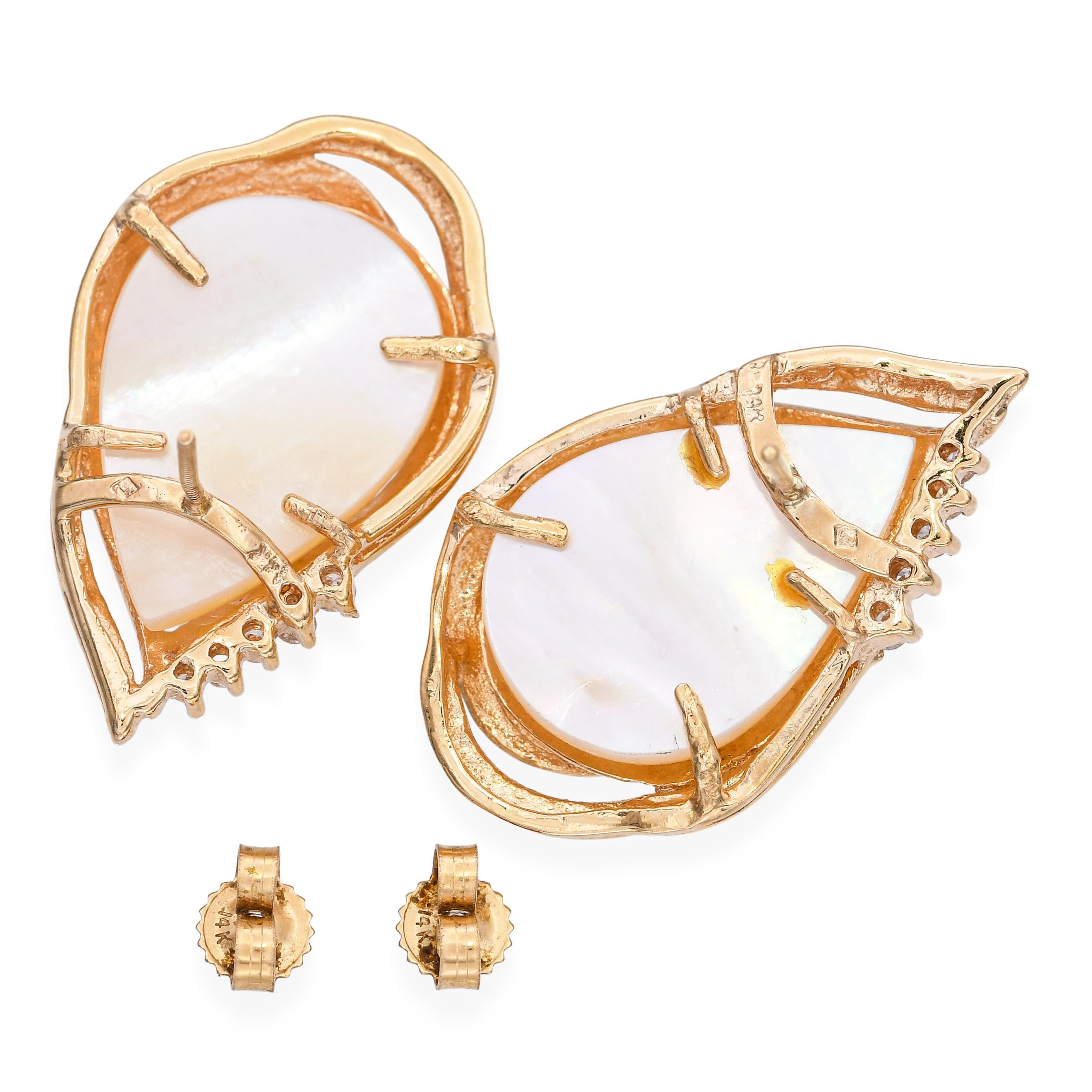 Vintage 14k Yellow Gold Mabé Pearl and Diamond Teardrop Earrings