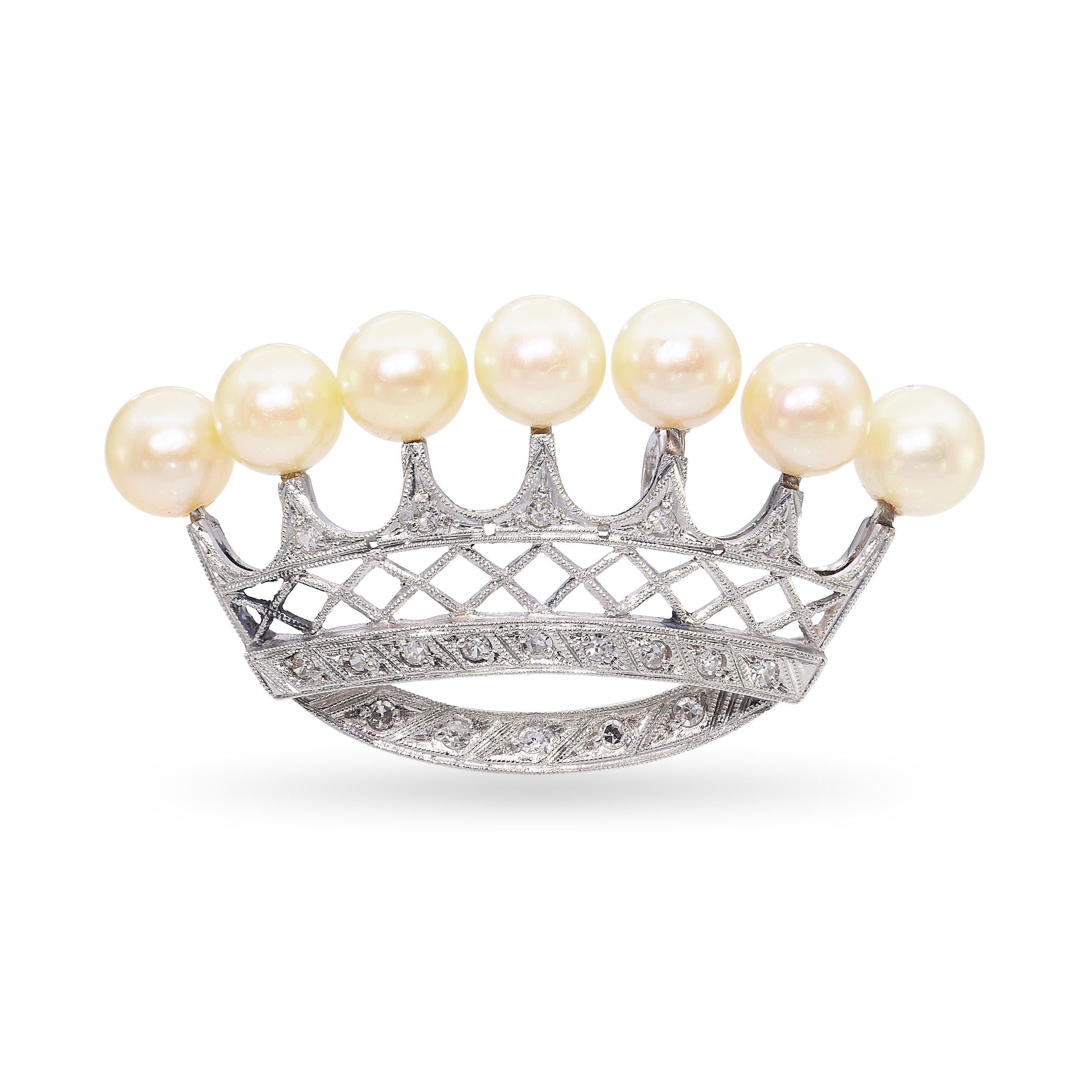 Vintage Platinum Pearl and Diamond Crown Pendant
