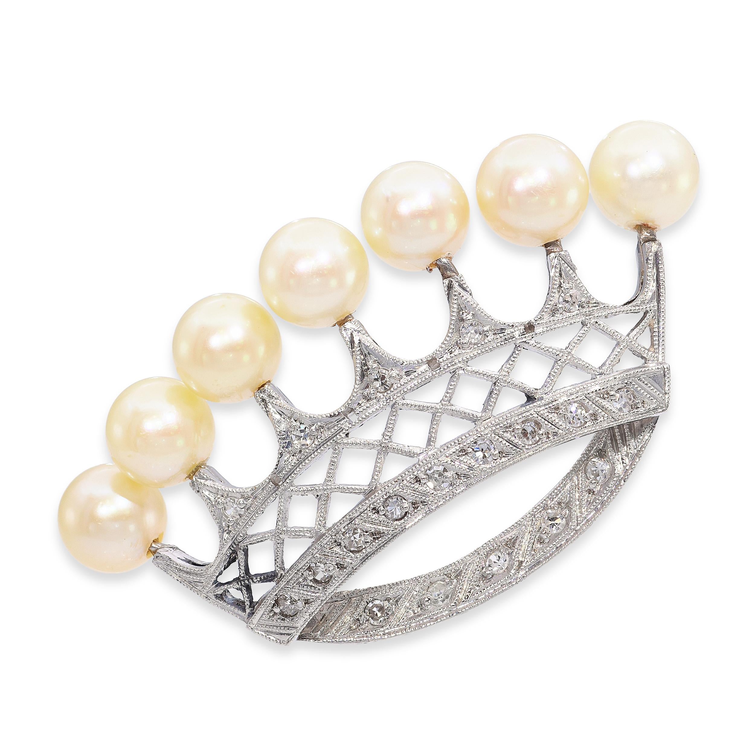 Vintage Platinum Pearl and Diamond Crown Pendant