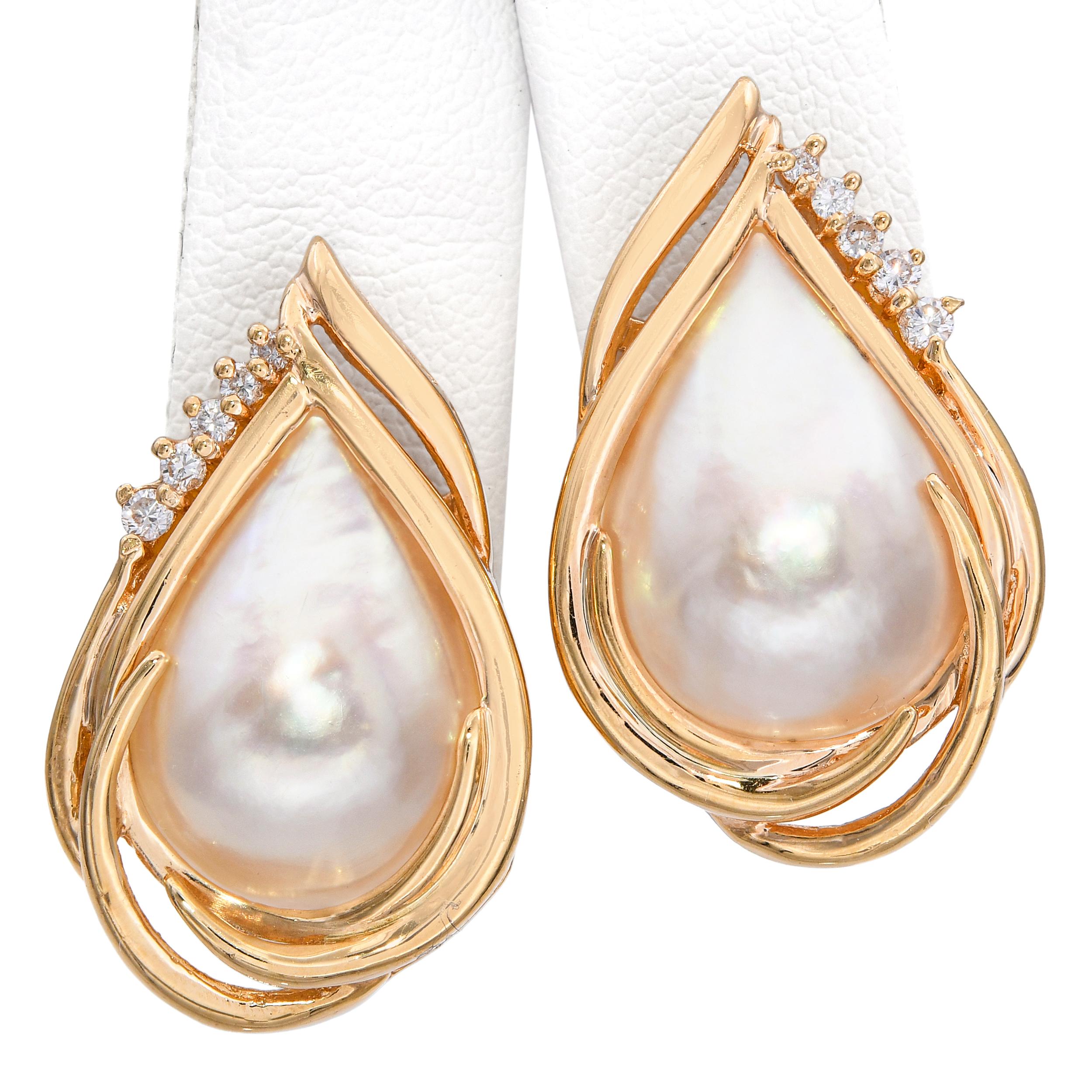 Vintage 14k Yellow Gold Mabé Pearl and Diamond Teardrop Earrings