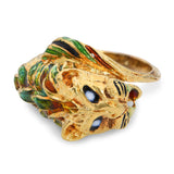 Vintage 14K Yellow Gold Green & Amber Enamel Tiger Head Statement Ring