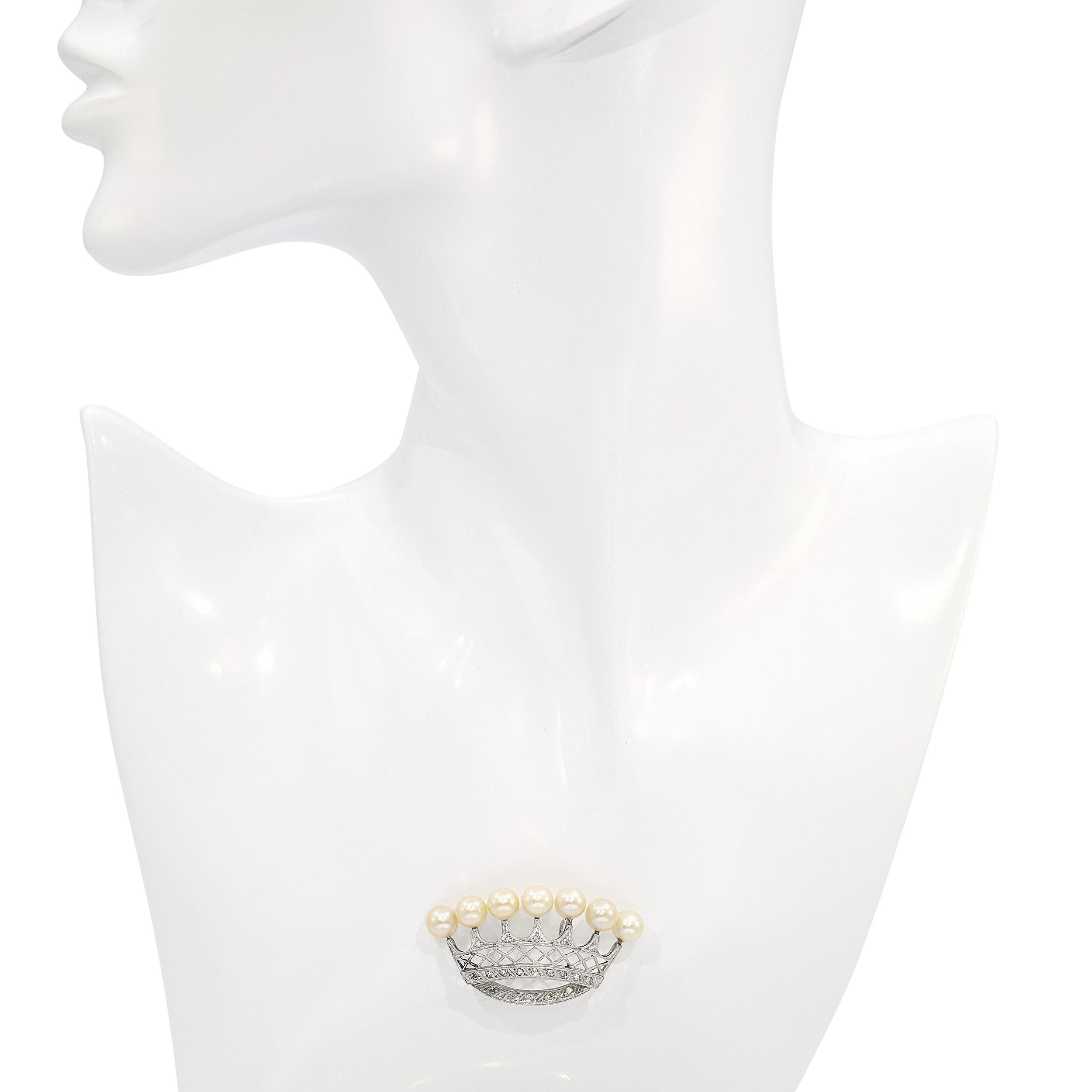 Vintage Platinum Pearl and Diamond Crown Pendant